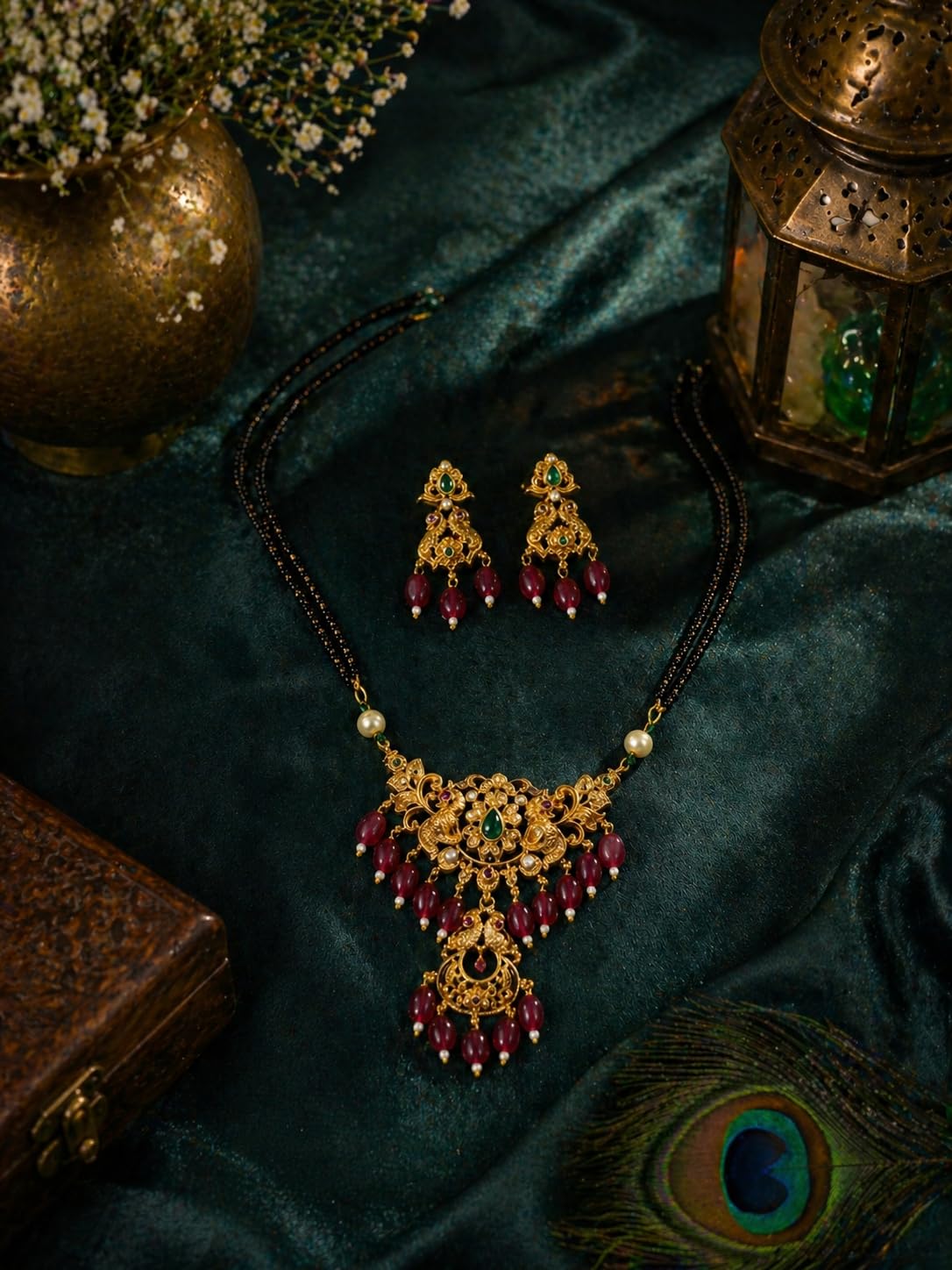 KAYRAH Gold Plated Jewellery Set with Green Cubic Zirconia, Teardrop Pendant Necklace and Earrings, Fashion Style, High Polish with Matching Earrings with Matching Earrings