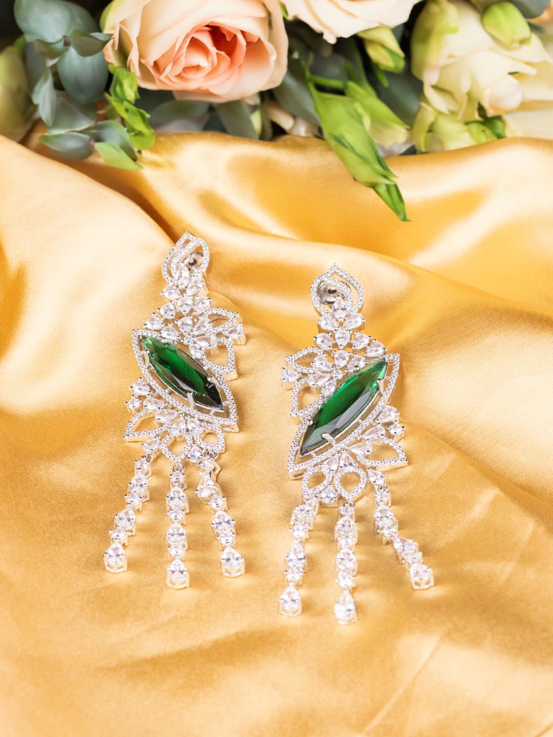 Silver Plated Green Stone Tassel Earrings for Women | Statement Fashion Jewellery Earrings for Girls | Long Dangle Earrings Gift for Women