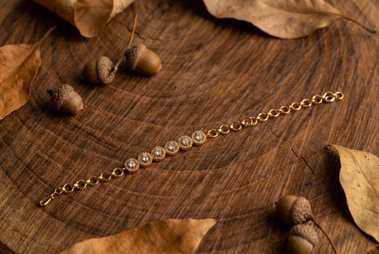 KAYRAH Gold Plated Round Crystal Chain Bracelet for Women Stylish Fashion Jewellery