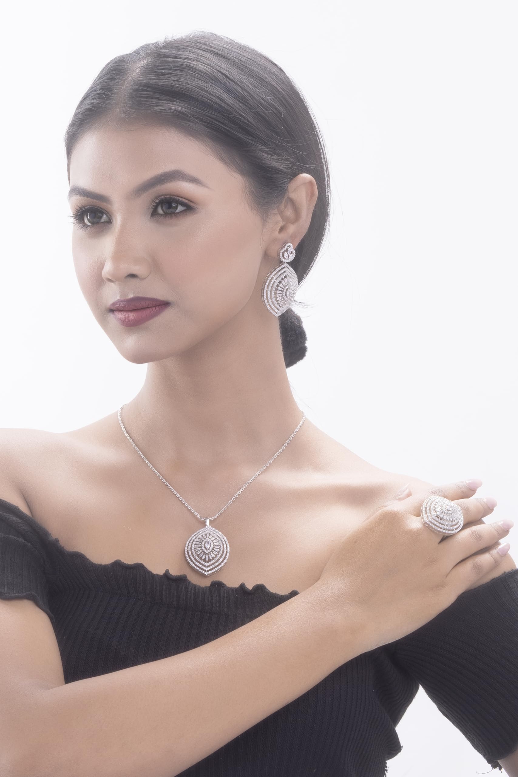 KAYRAH High-polished Brass CZ Stone Pendant Necklace, Stud Earrings and Ring Set for Women and Girls with Matching Earrings with Matching Earrings