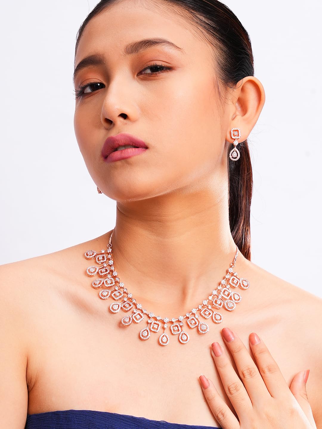 KAYRAH Brass CZ Stone Necklace Set with Earrings for Women & Girls with Matching Earrings with Matching Earrings