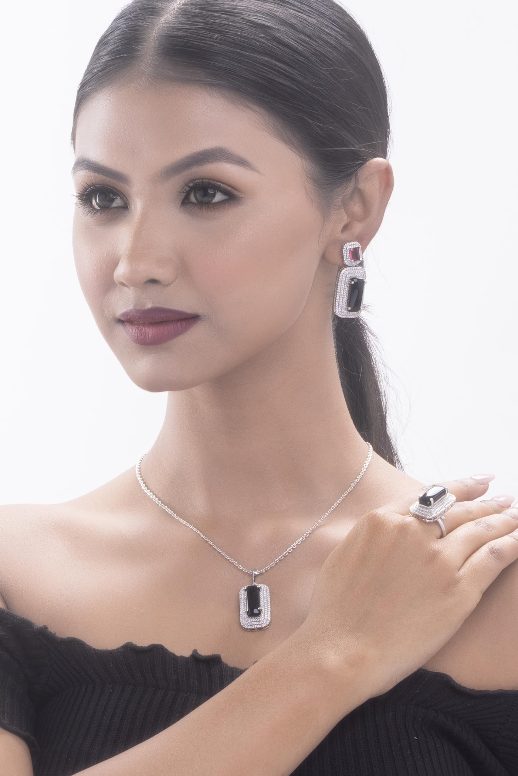 KAYRAH High-polished Brass CZ Stone Pendant Necklace, Stud Earrings and Ring Set for Women and Girls with Matching Earrings with Matching Earrings