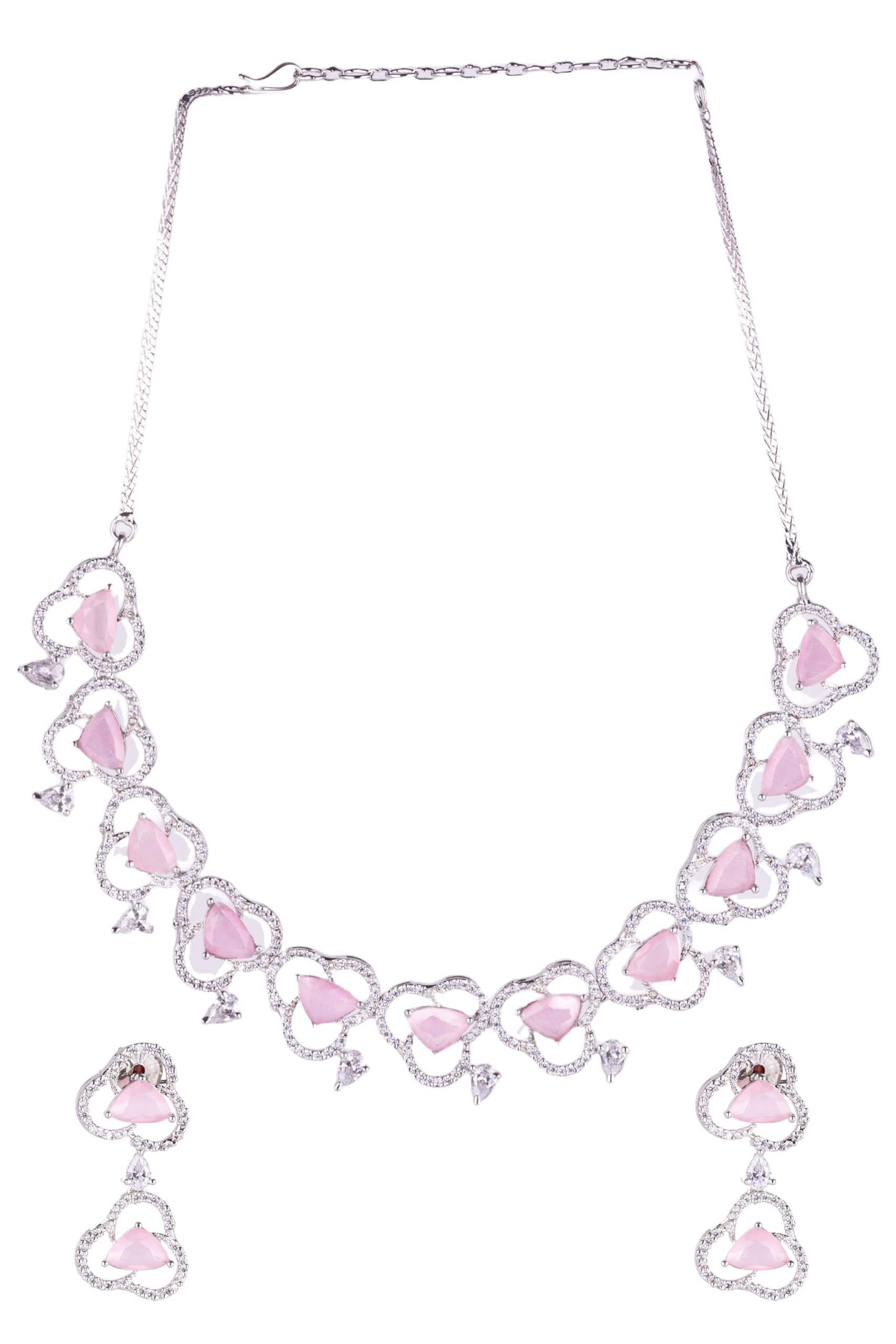 Kayrah Pink Crystal Heart Statement Necklace Set for Women | Designer CZ Party Wear Jewellery Set with Matching Earrings
