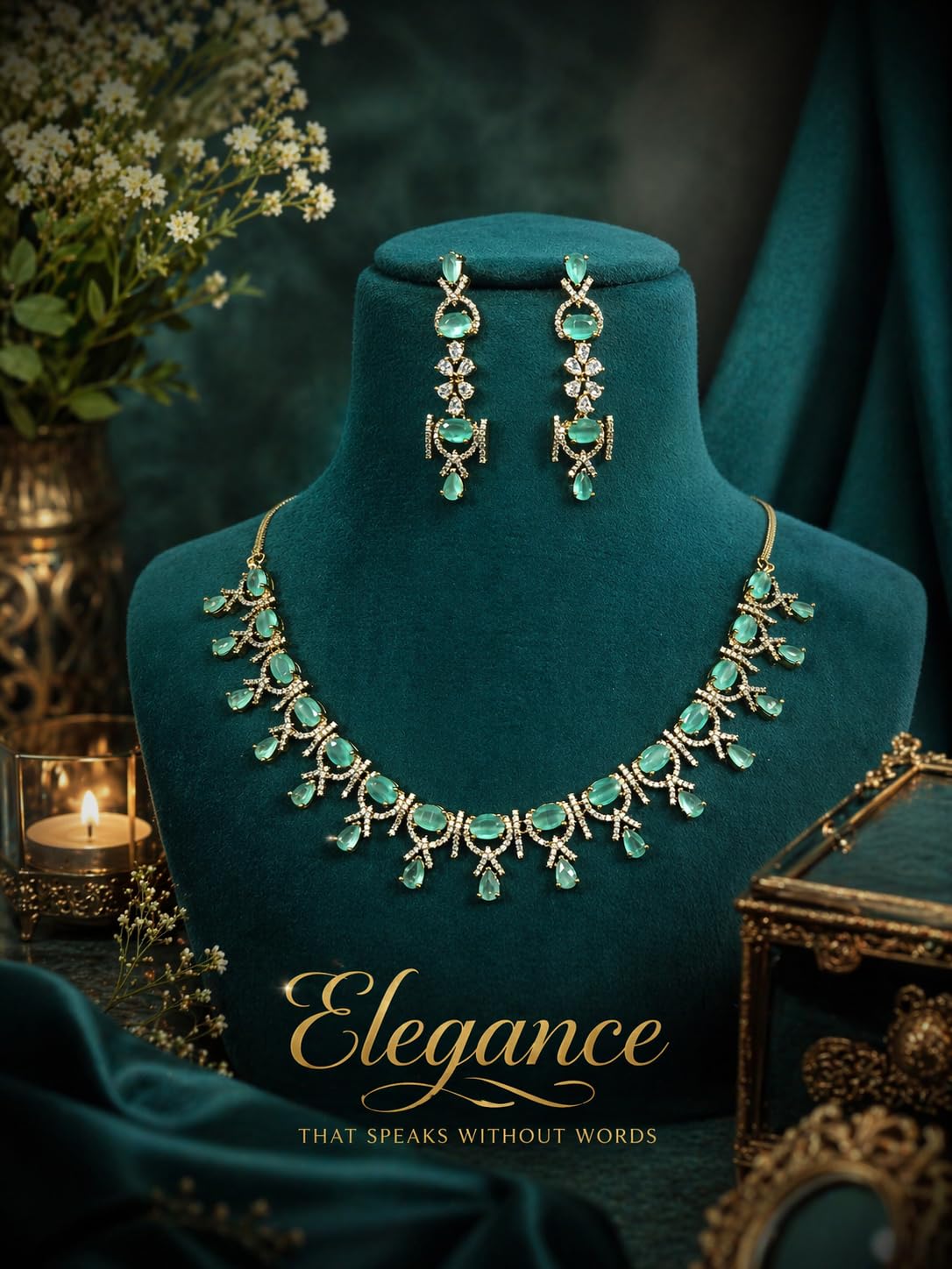 KAYRAH Gold Plated Emerald Green Cubic Zirconia Necklace Set with Earrings, Brass, Bridal Wedding Fashion with Matching Earrings with Matching Earrings