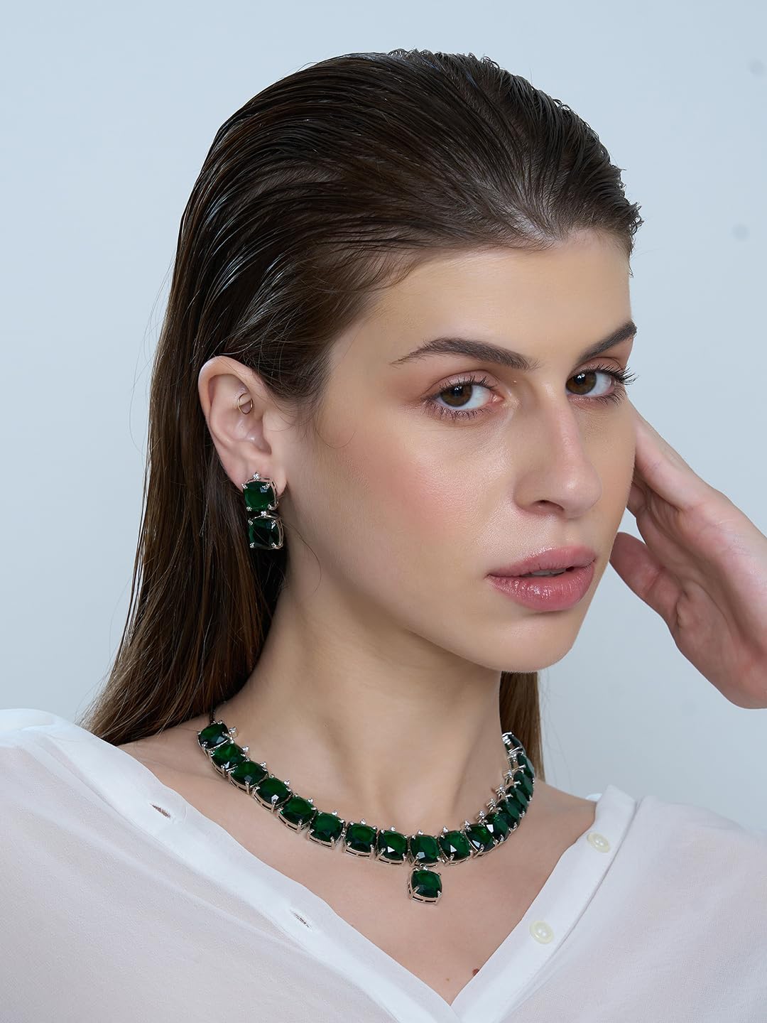 KAYRAH Women Pink Brass Material Crafted CZ Stone Studed Necklace with Earrings with Matching Earrings with Matching Earrings