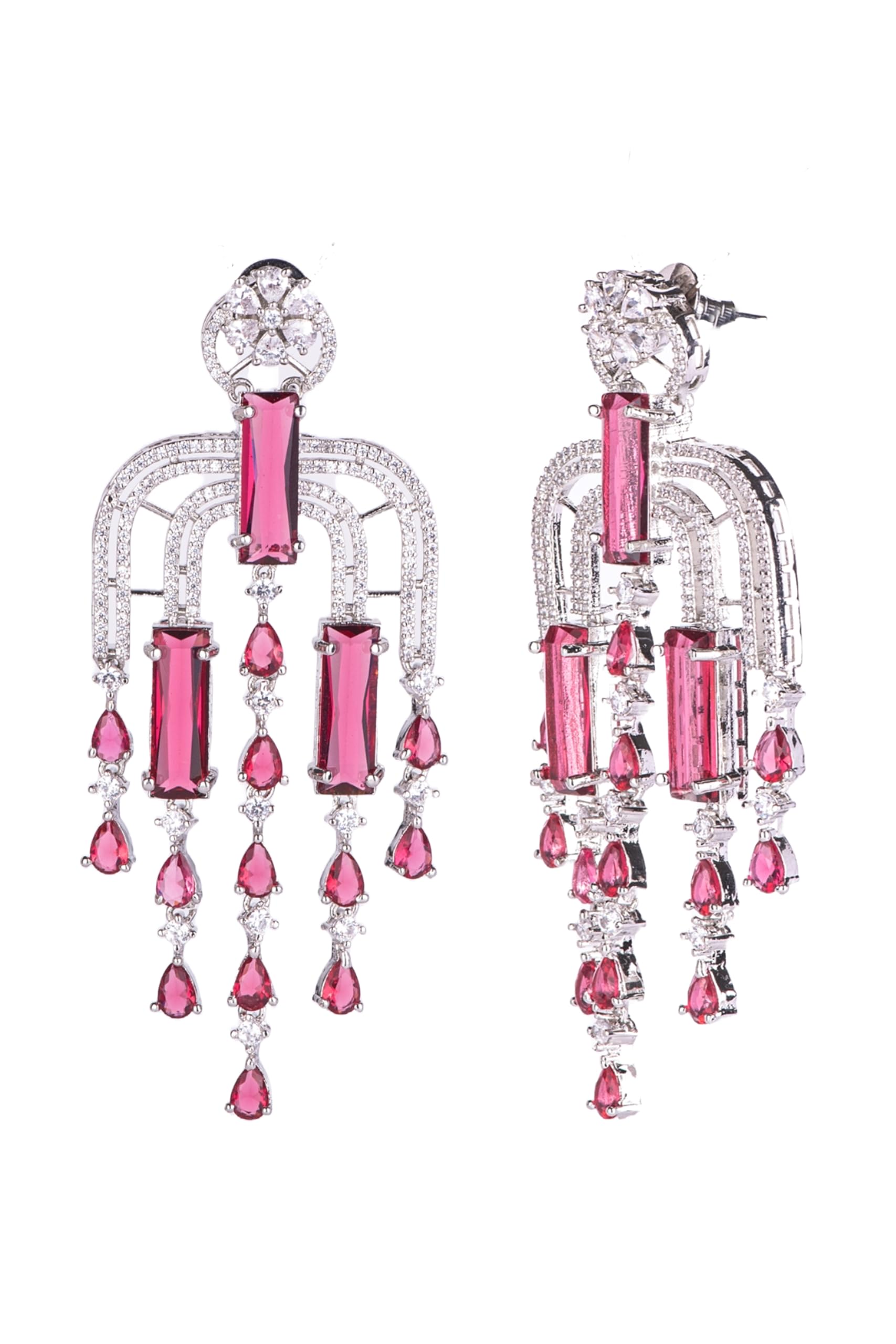 Silver Plated Pink Stone Tassel Earrings for Women | Long Dangle Fashion Jewellery Earrings for Girls | Stylish Statement Earrings Gift for Women
