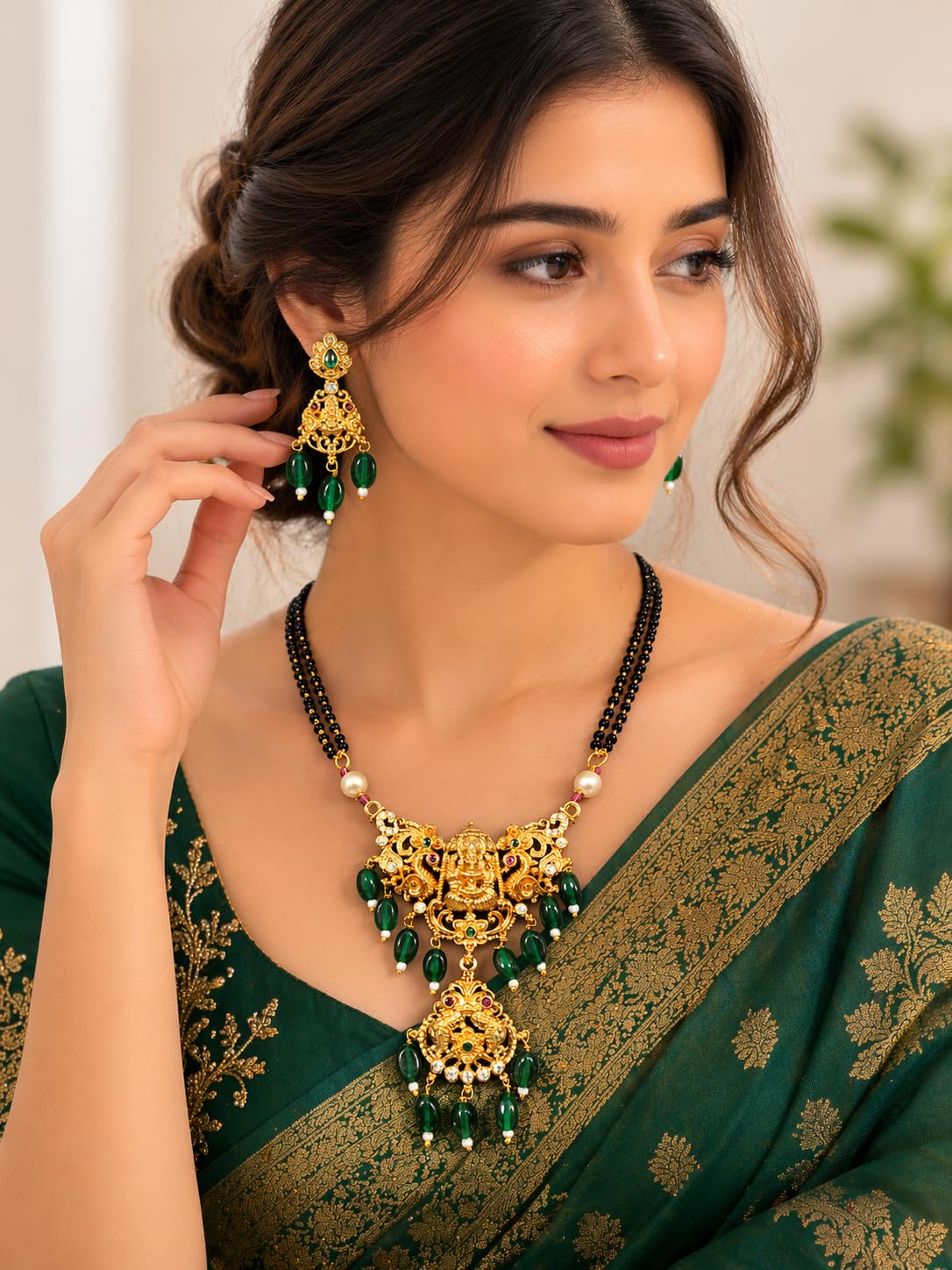 KAYRAH Gold Plated Temple Mangalsutra Necklace Set with Earrings, Lakshmi Design, Red Beads, Brass, Traditional Bridal Ethnic Jewellery with Matching Earrings with Matching Earrings
