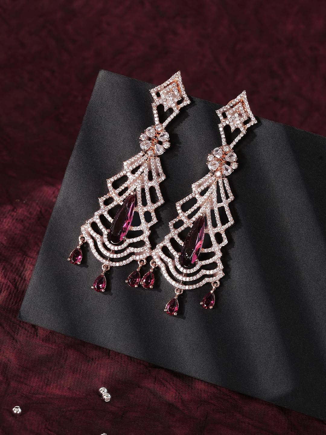Rose Gold Plated Pink Stone Chandelier Earrings for Women | Long Dangle Fashion Jewellery Earrings for Girls | Stylish Statement Earrings Gift for Women