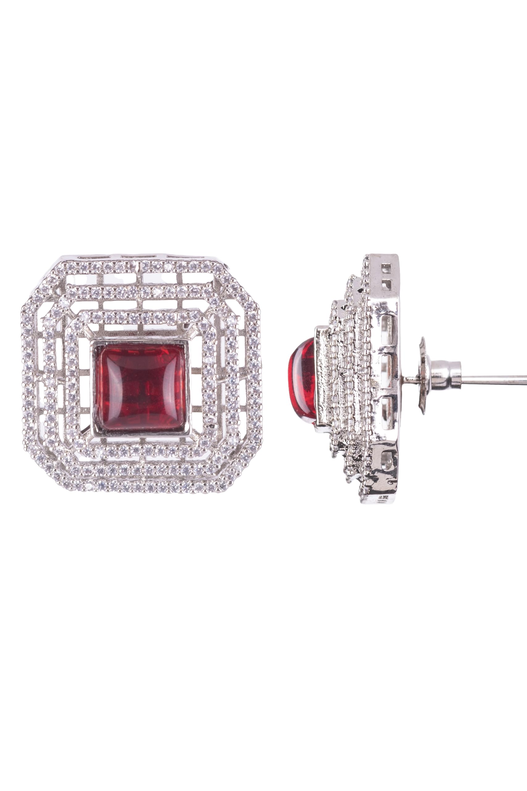 Silver Plated Red Stone Stud Earrings for Women | Geometric Fashion Jewellery Earrings for Girls | Elegant Party Earrings Gift for Women