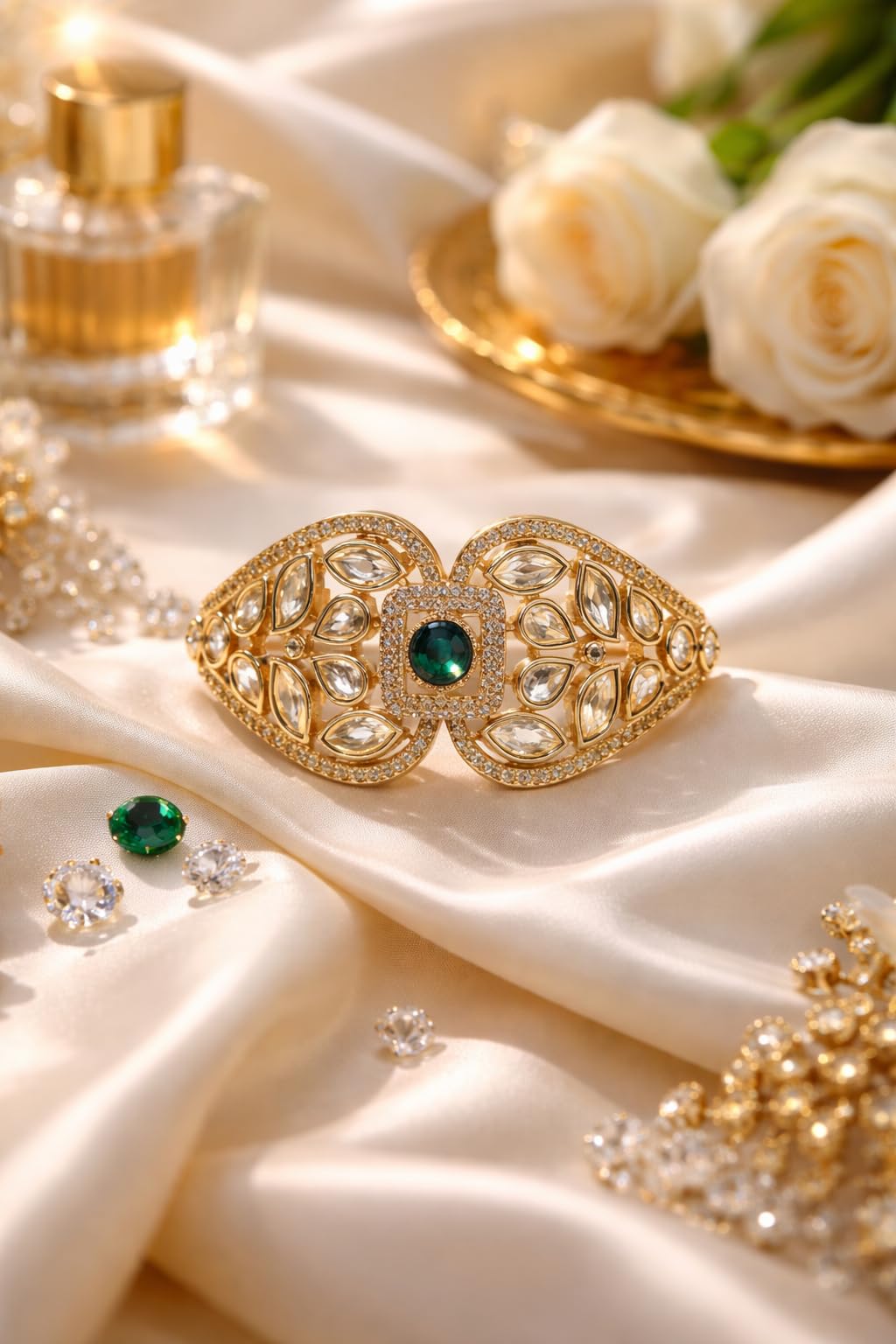 KAYRAH Gold Plated Green Stone Leaf Design Bracelet for Women