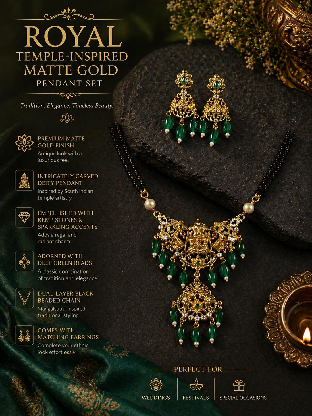 KAYRAH Gold Plated Temple Mangalsutra Necklace Set with Earrings, Lakshmi Design, Red Beads, Brass, Traditional Bridal Ethnic Jewellery with Matching Earrings with Matching Earrings