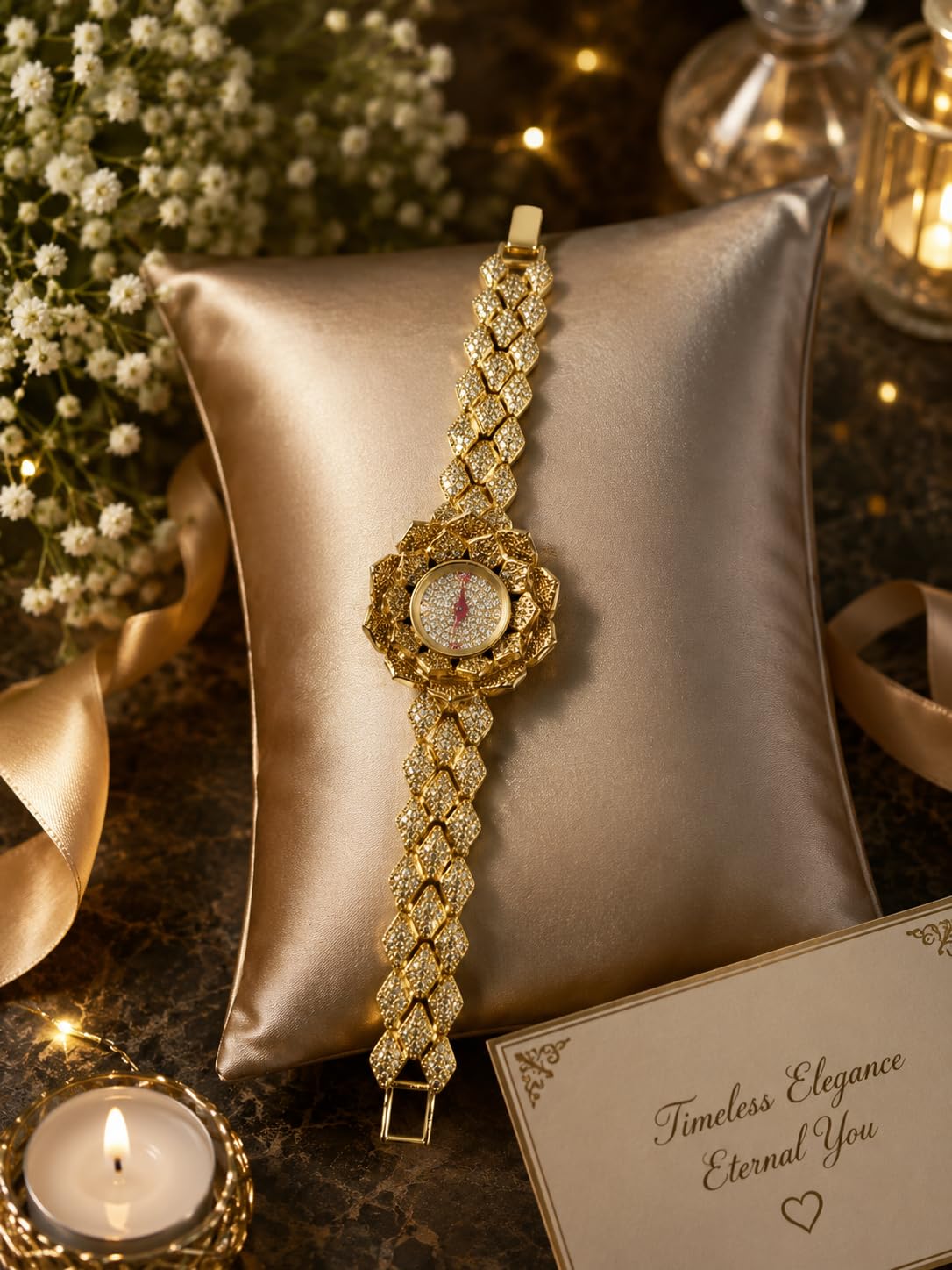 Gold Plated Floral Analog Bracelet Watch for Women