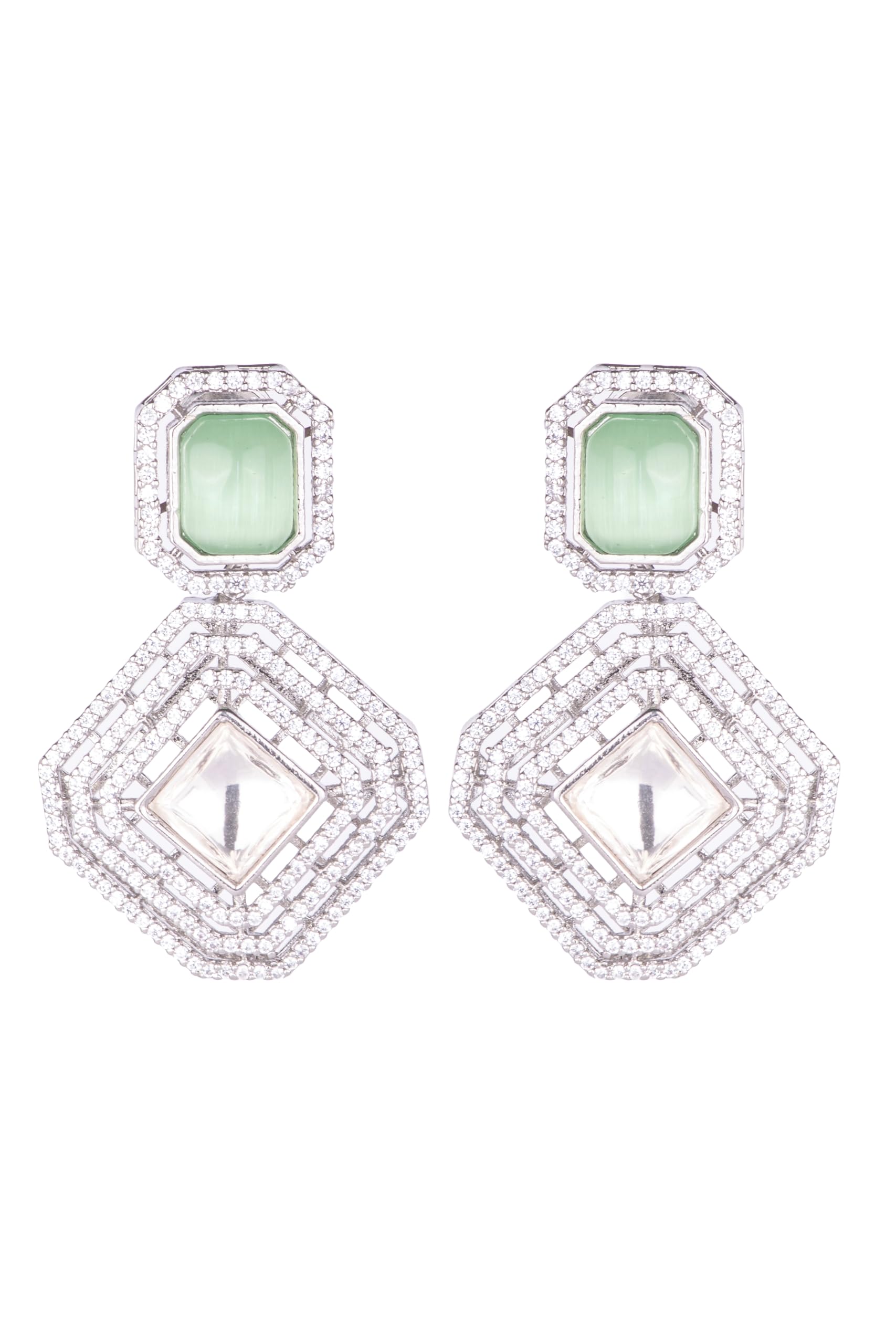 Silver Plated Green Stone Geometric Drop Earrings for Women | Statement Fashion Jewellery Earrings for Girls | Elegant Dangle Earrings Gift for Women