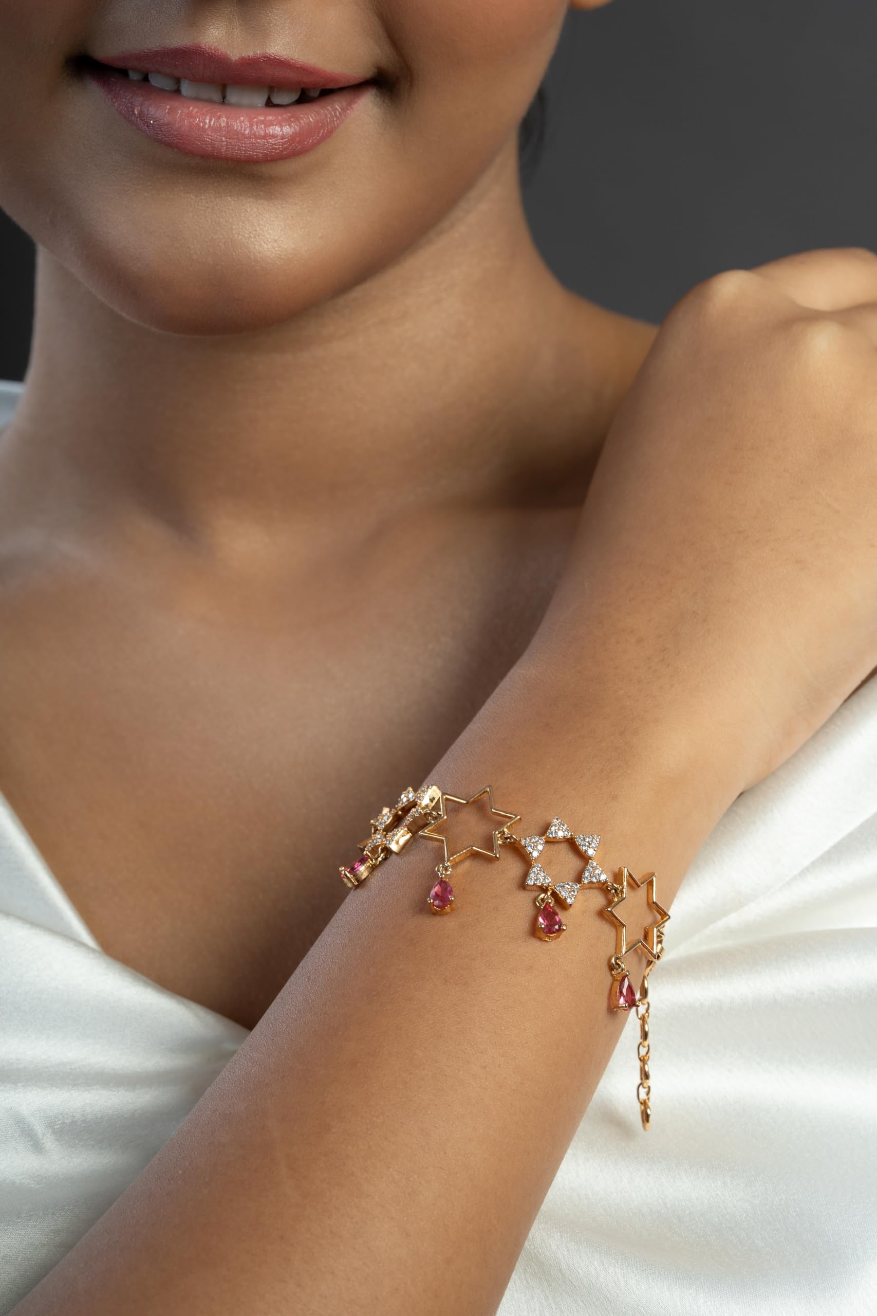 KAYRAH Gold Plated Star Crystal Pink Stone Bracelet for Women Stylish Fashion Jewellery