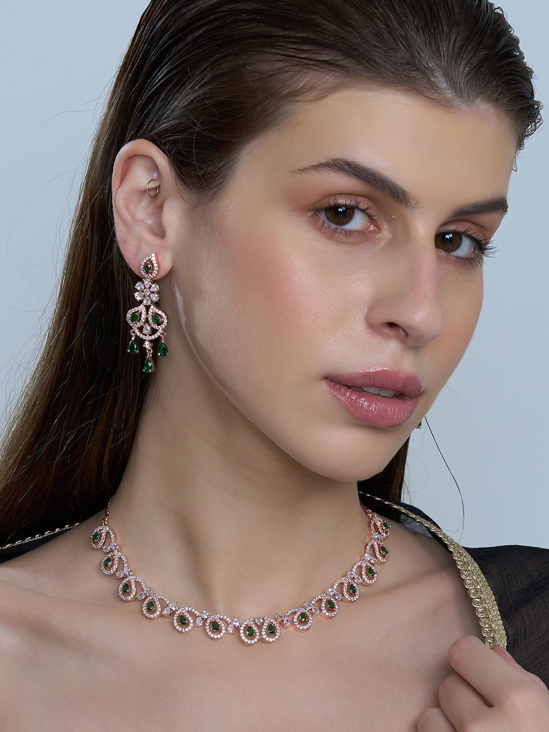 KAYRAH Women Green Brass Material Crafted CZ Stone Studed Necklace with Earrings with Matching Earrings with Matching Earrings