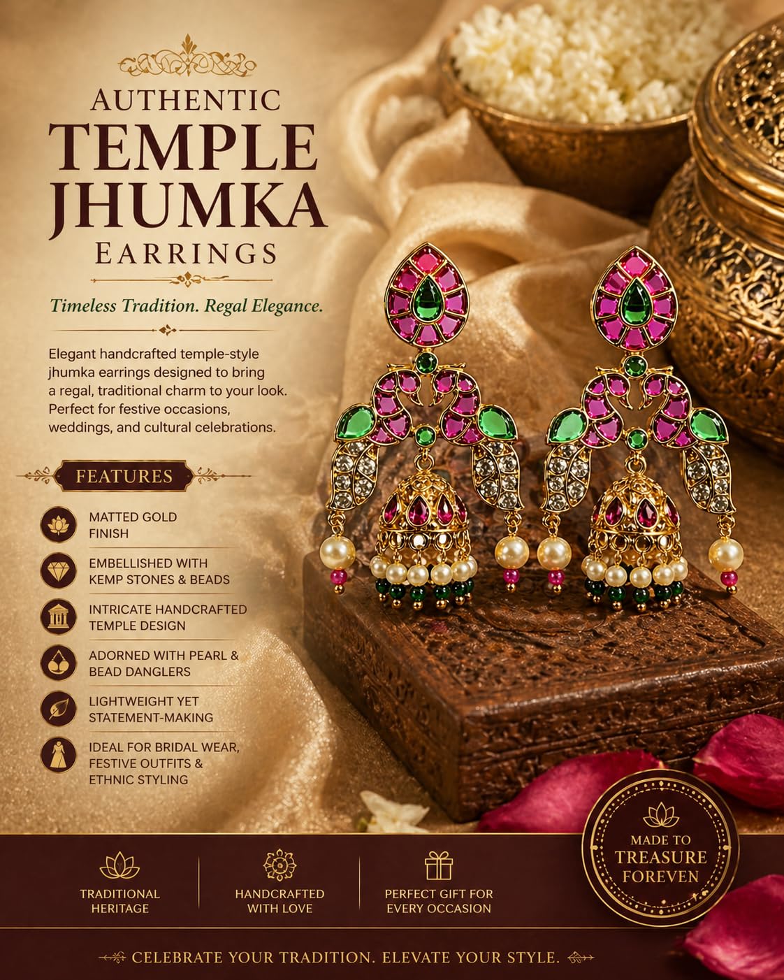 Gold Plated Pink Stone Jhumka Earrings for Women | Traditional Temple Jewellery Earrings for Girls | Bridal Drop Earrings | Gift for Women