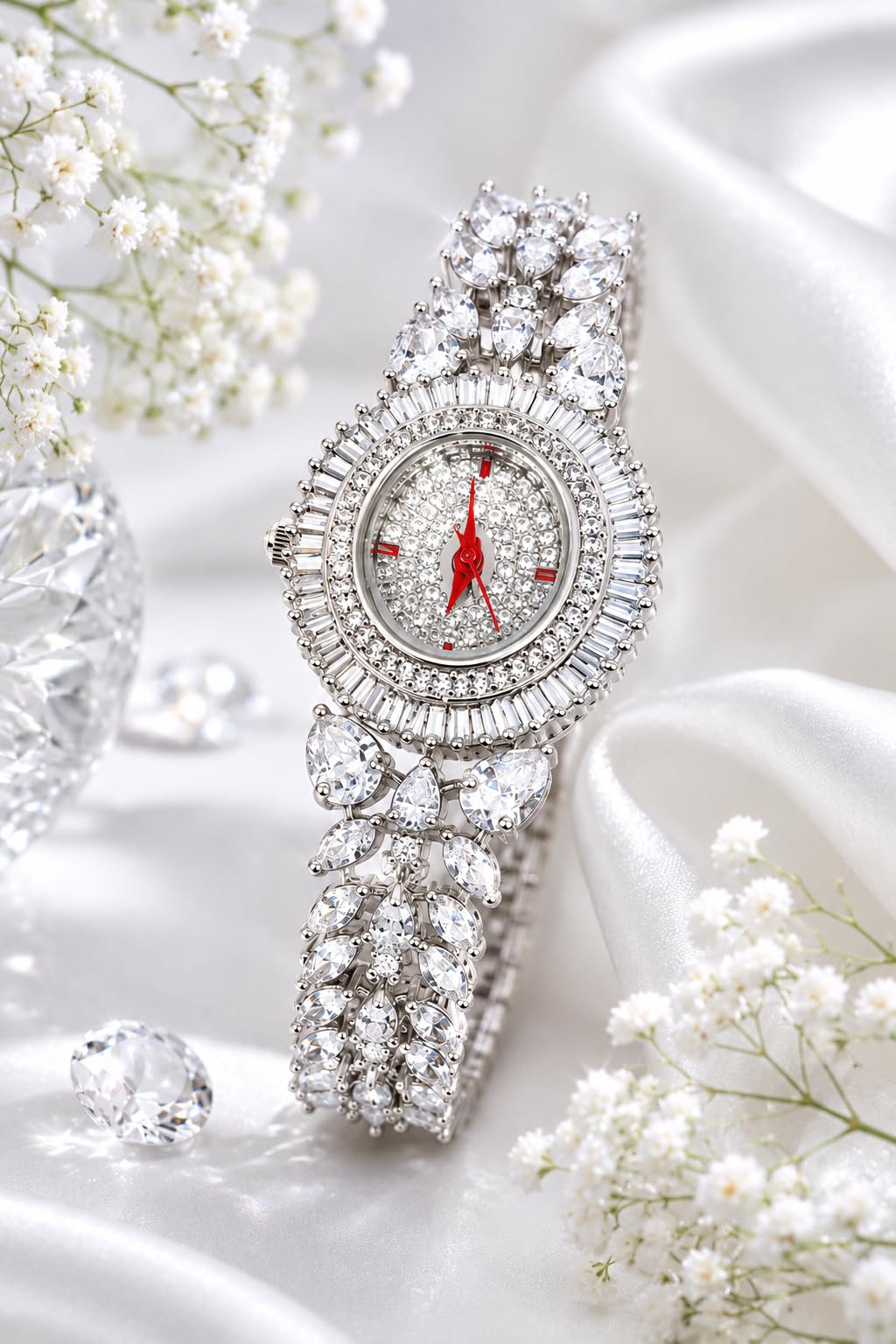 KAYRAH Silver Plated Crystal Analog Bracelet Watch for Women