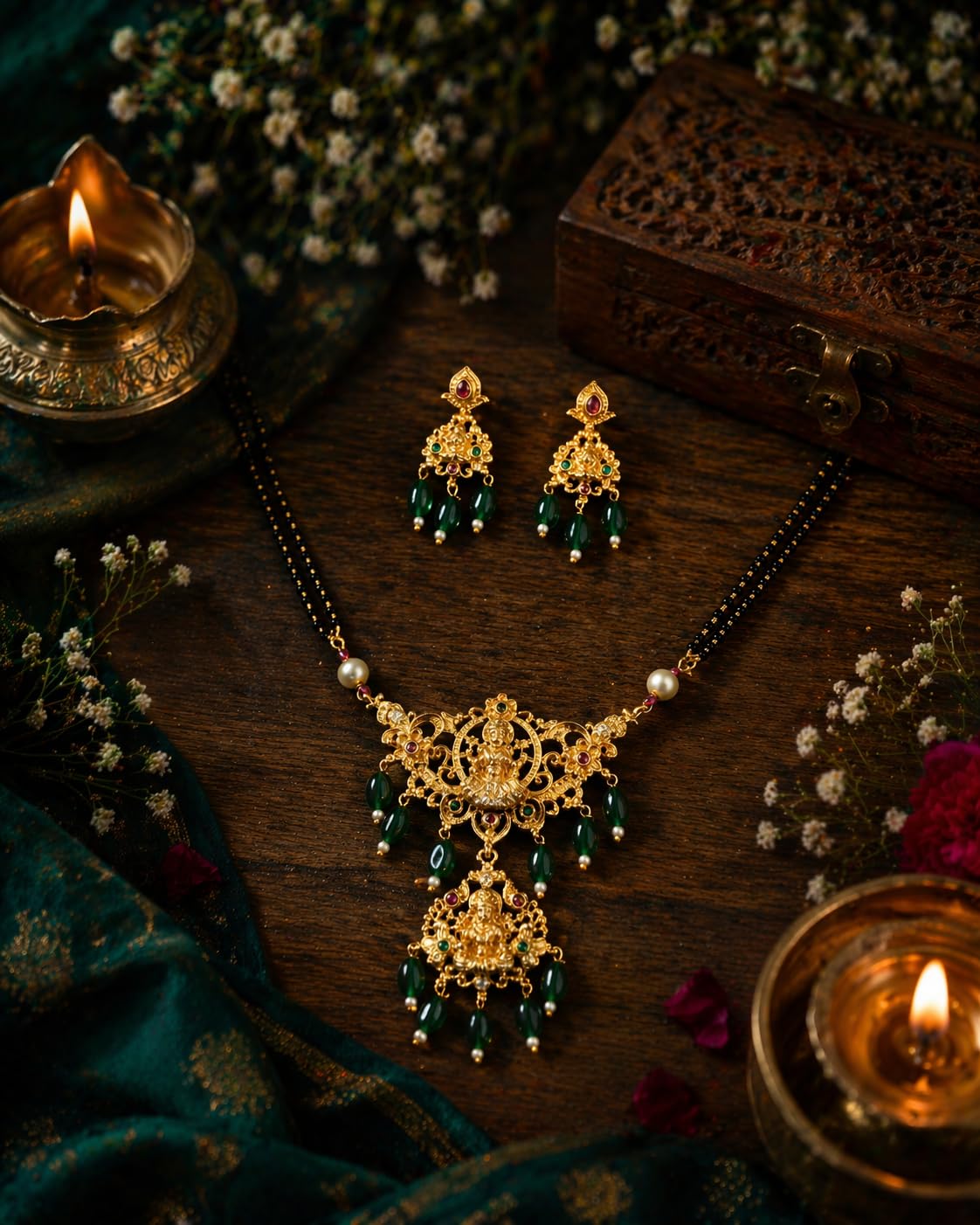 KAYRAH Gold Plated Mangalsutra Necklace Set with Earrings, Traditional Temple Jewellery, Red Beads, Brass, Bridal Wedding with Matching Earrings with Matching Earrings