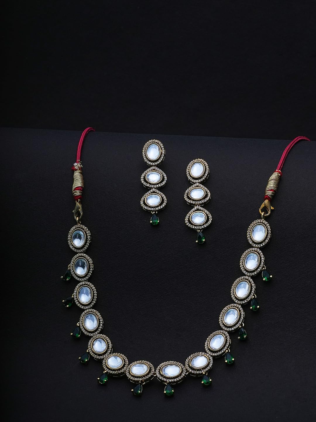 KAYRAH Women Red Brass Material Crafted Kundan Stone Studed Necklace with Earrings with Matching Earrings with Matching Earrings