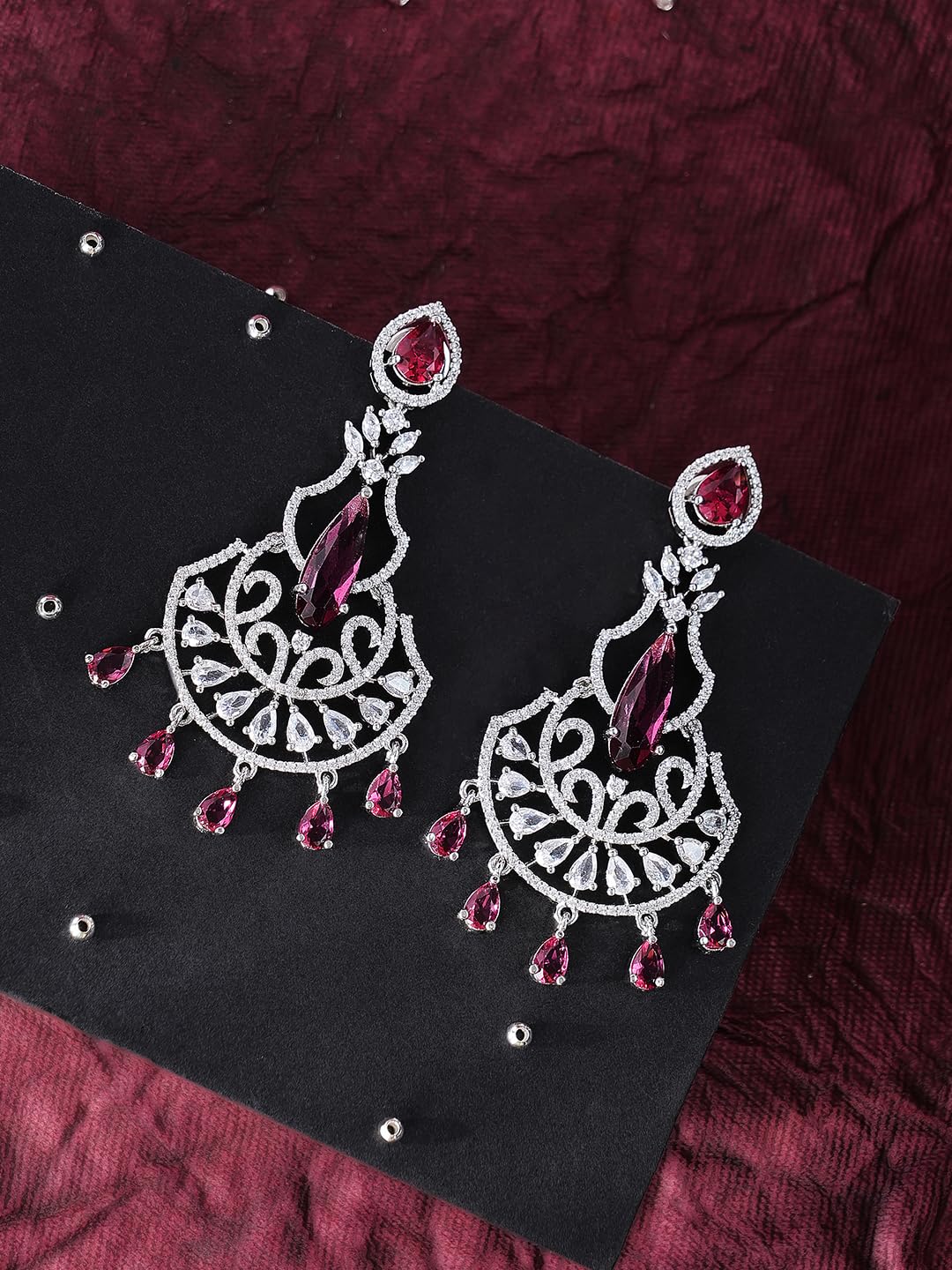 Silver Plated Pink Stone Chandbali Earrings for Women | Statement Fashion Jewellery Earrings for Girls | Elegant Drop Earrings Gift for Women