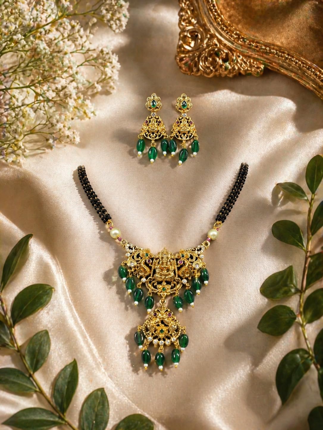 KAYRAH Gold Plated Temple Mangalsutra Necklace Set with Earrings, Lakshmi Design, Red Beads, Brass, Traditional Bridal Ethnic Jewellery with Matching Earrings with Matching Earrings