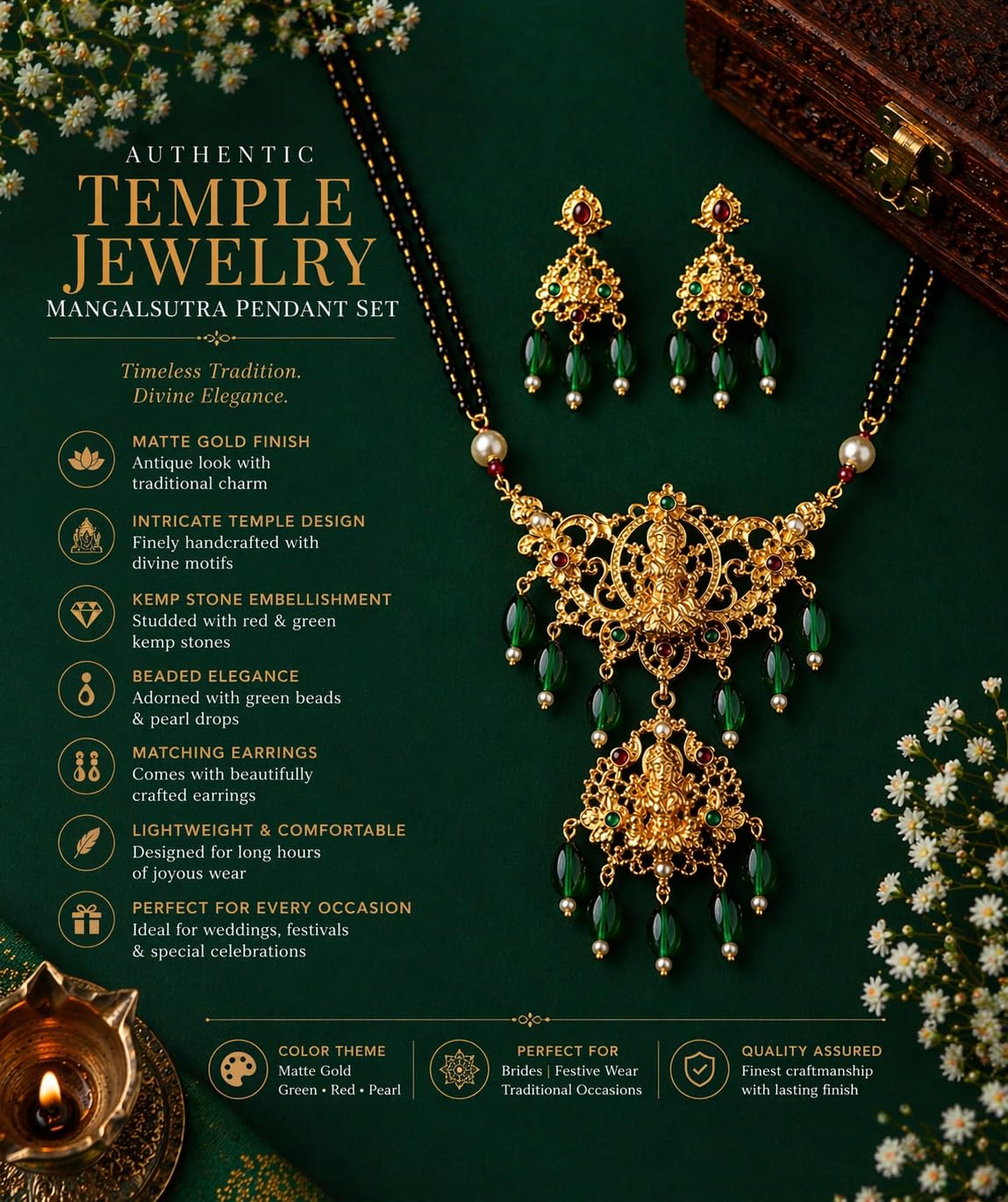 KAYRAH Gold Plated Mangalsutra Necklace Set with Earrings, Traditional Temple Jewellery, Red Beads, Brass, Bridal Wedding with Matching Earrings with Matching Earrings