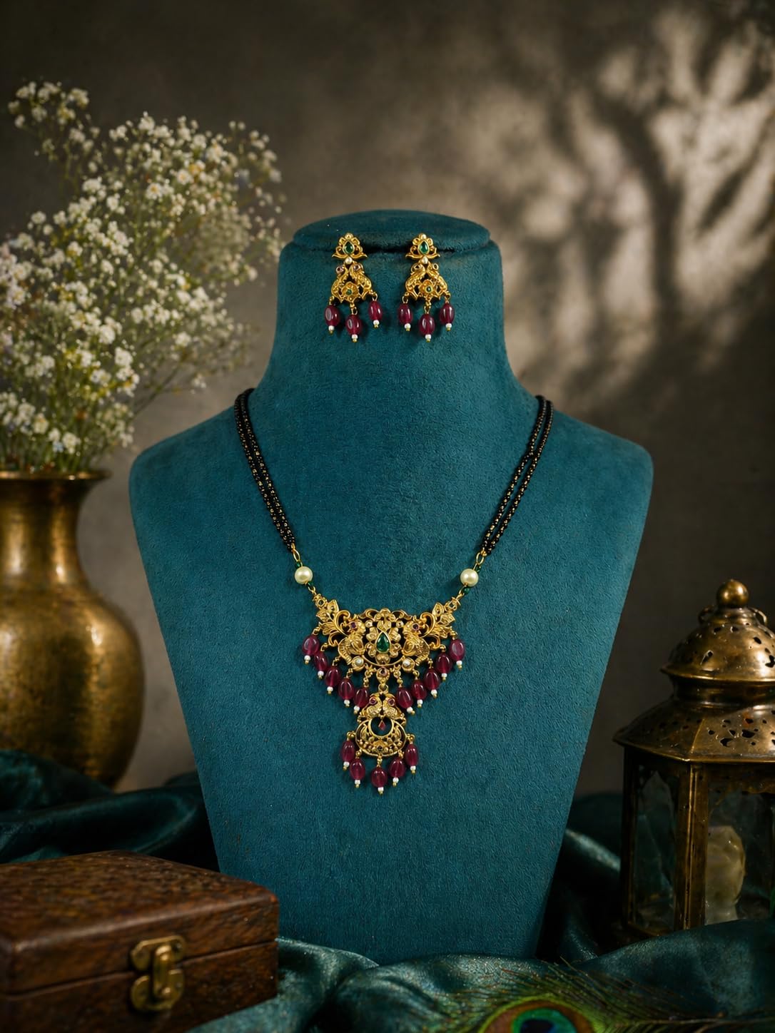 KAYRAH Gold Plated Jewellery Set with Green Cubic Zirconia, Teardrop Pendant Necklace and Earrings, Fashion Style, High Polish with Matching Earrings with Matching Earrings