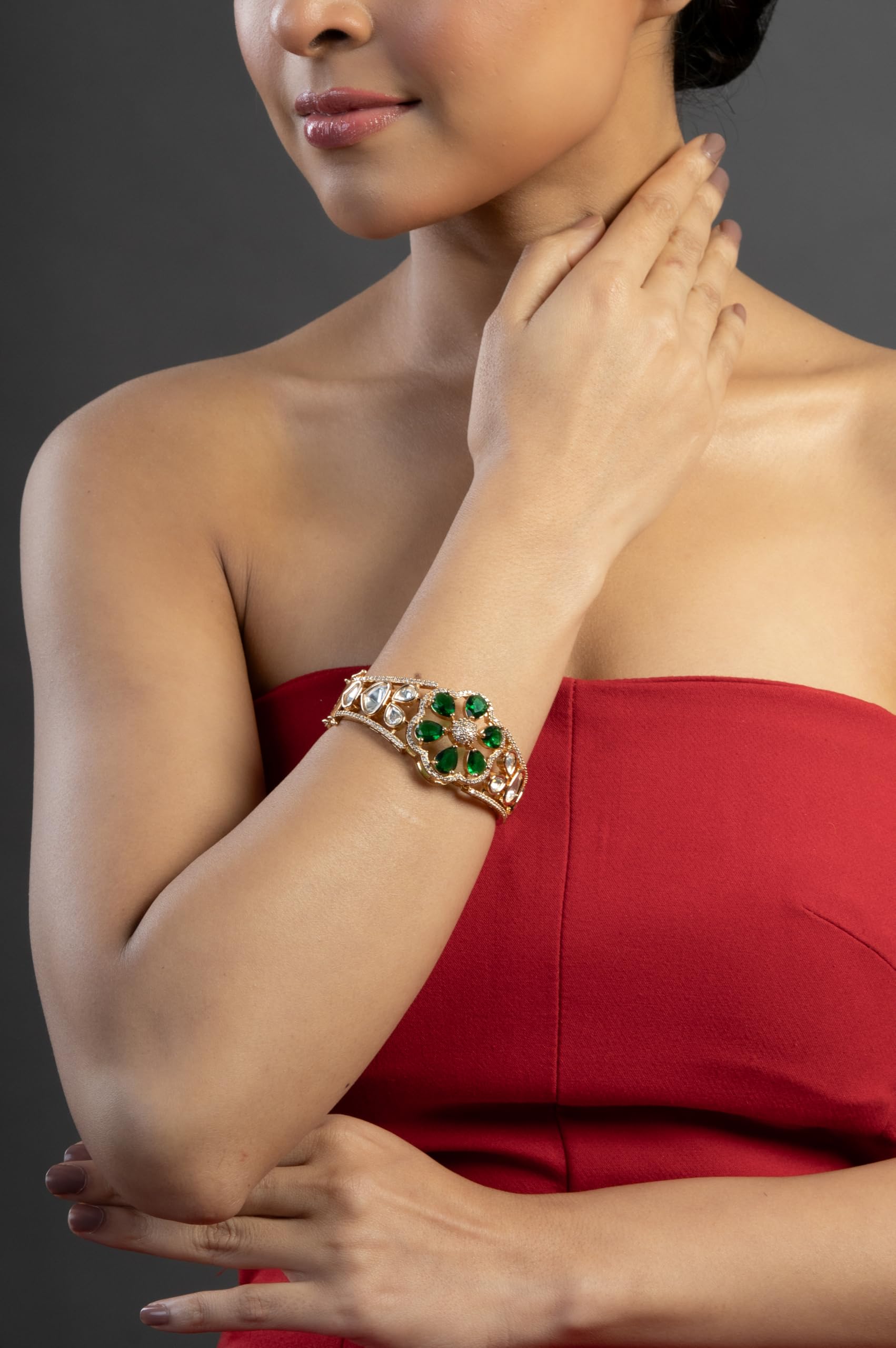 KAYRAH Gold Plated Green Stone Floral Bangle for Women