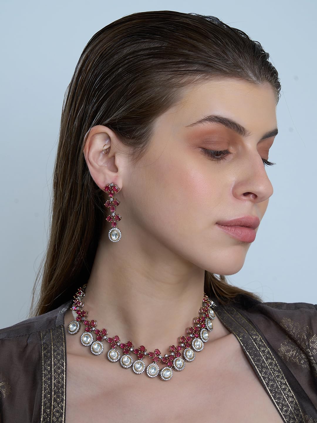 KAYRAH Silver Plated Pink Stone Necklace Set for Women Stylish with Matching Earrings with Matching Earrings