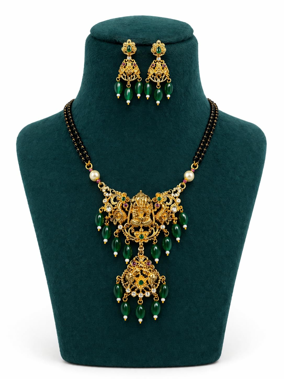 KAYRAH Gold Plated Temple Mangalsutra Necklace Set with Earrings, Lakshmi Design, Red Beads, Brass, Traditional Bridal Ethnic Jewellery with Matching Earrings with Matching Earrings
