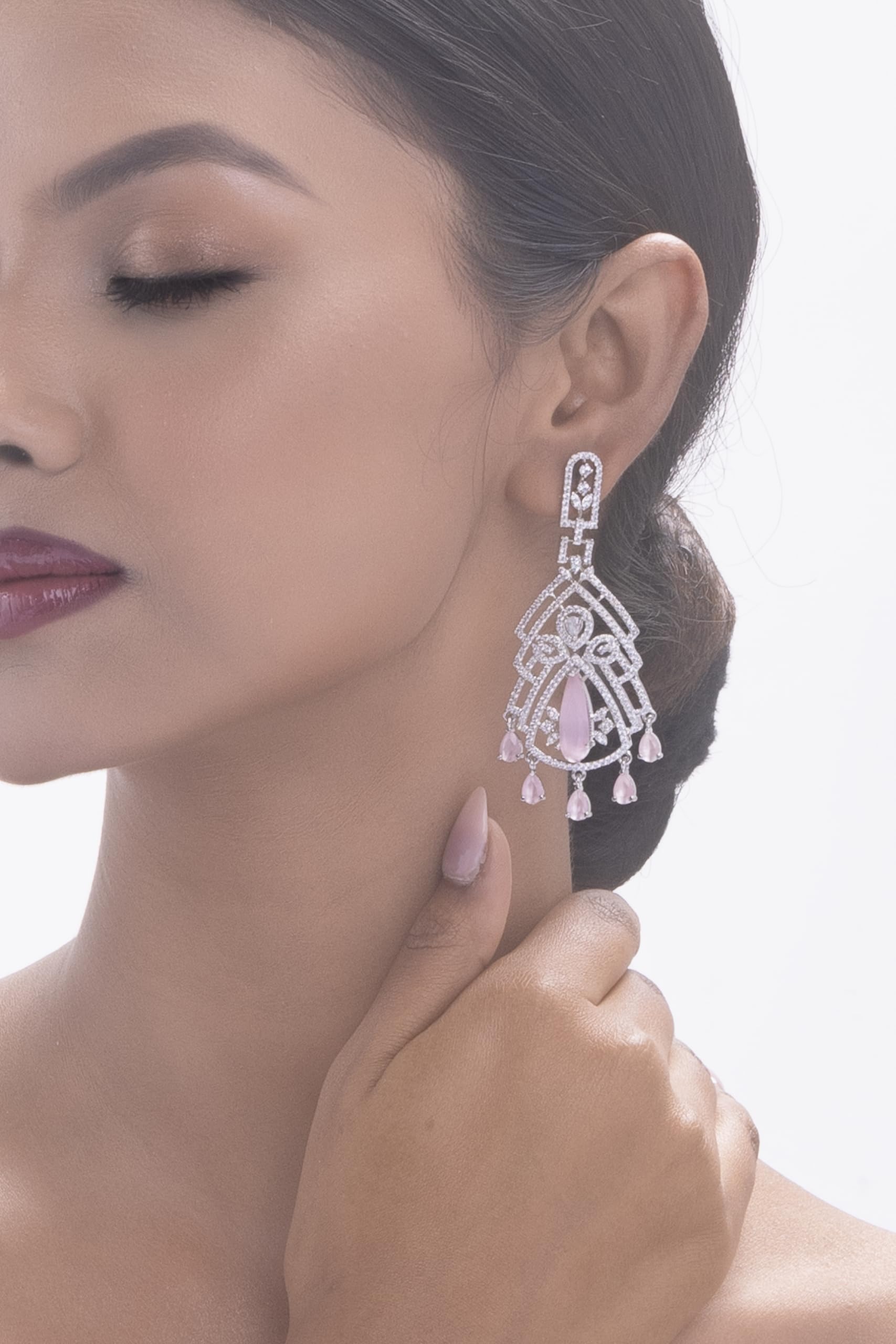 Silver Plated Pink Stone Geometric Drop Earrings for Women | Statement Fashion Jewellery Earrings for Girls | Stylish Dangle Earrings Gift for Women