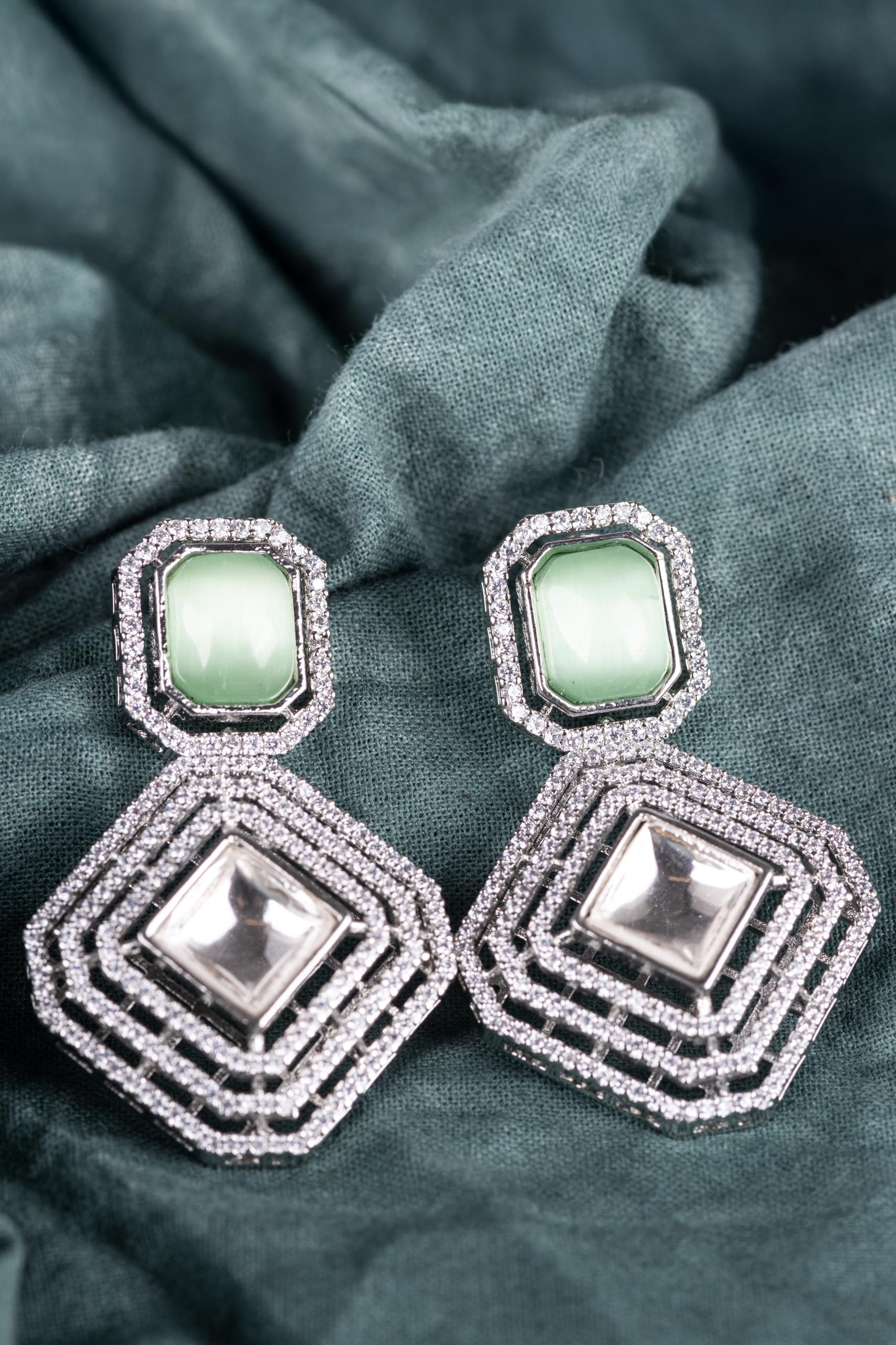Silver Plated Green Stone Geometric Drop Earrings for Women | Statement Fashion Jewellery Earrings for Girls | Elegant Dangle Earrings Gift for Women