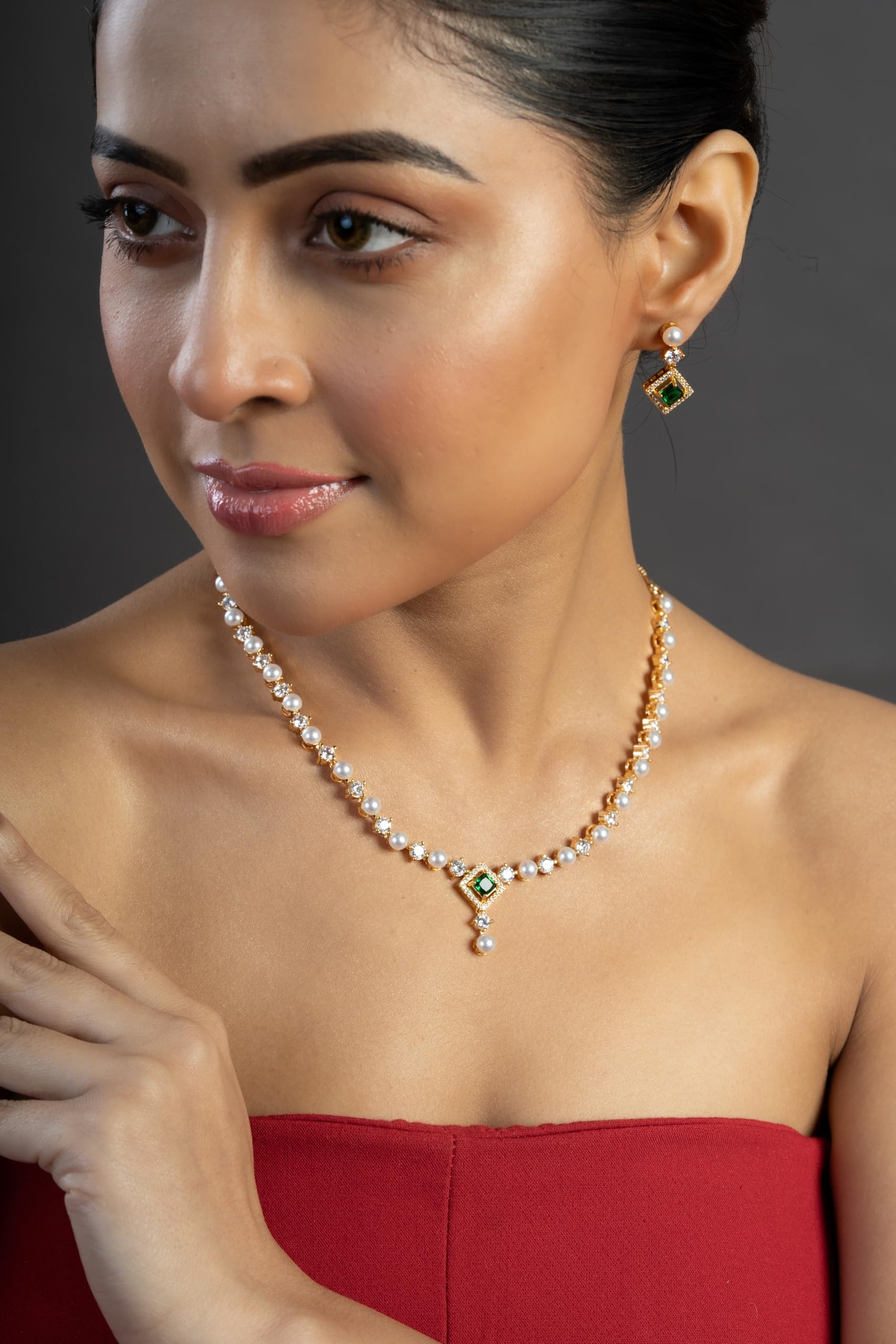 KAYRAH Gold Plated Green Stone Necklace Set for Women with Matching Earrings with Matching Earrings