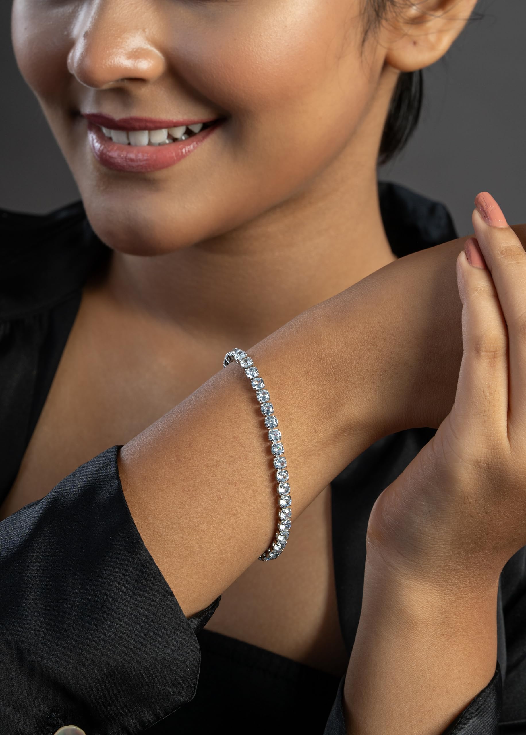 KAYRAH Silver Toned Classic Crystal Tennis Bracelet for Women