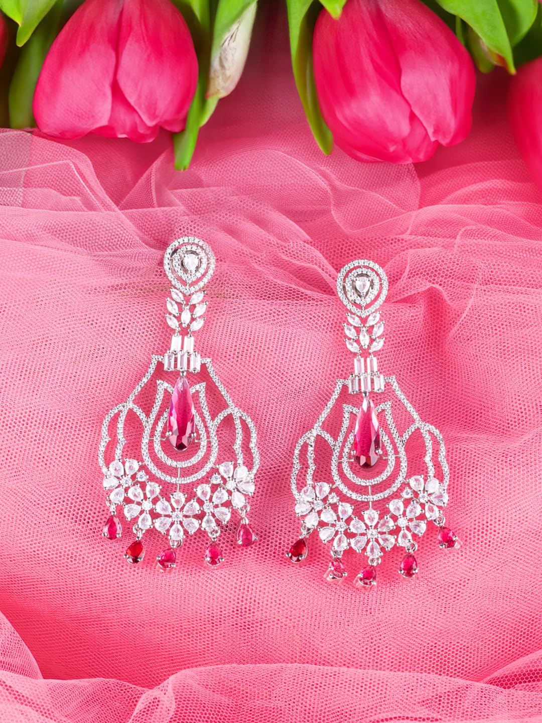 Silver Plated Pink Stone Jhumka Earrings for Women | Statement Fashion Jewellery Earrings for Girls | Long Dangle Earrings Gift for Women