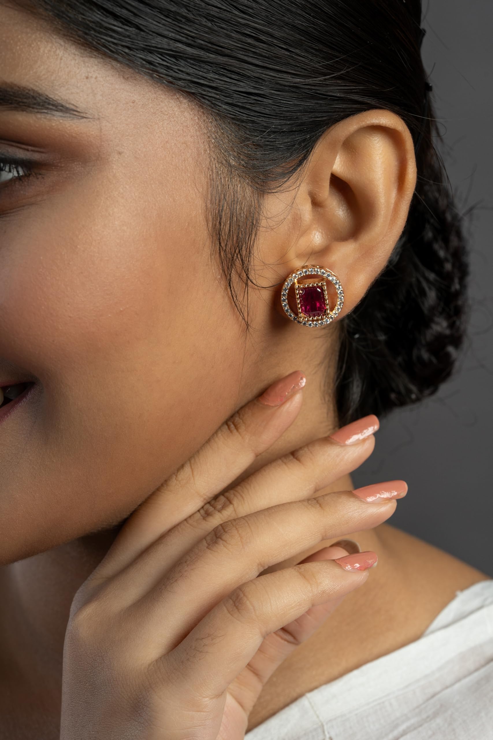 Gold Plated Red Stone Stud Earrings for Women Stylish | Crystal Fashion Jewellery Earrings for Girls | Elegant Earrings Gift for Women