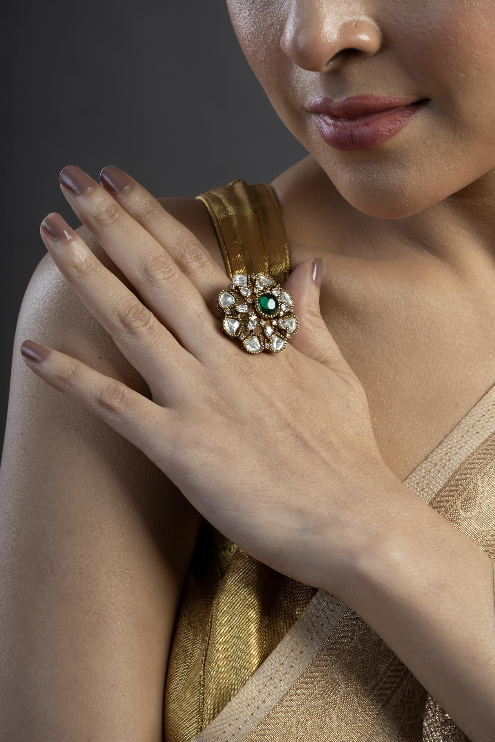 KAYRAH Brass Material Topaz Stone Stud Ring for Women and Girls for Every Occassion (Green Pota )