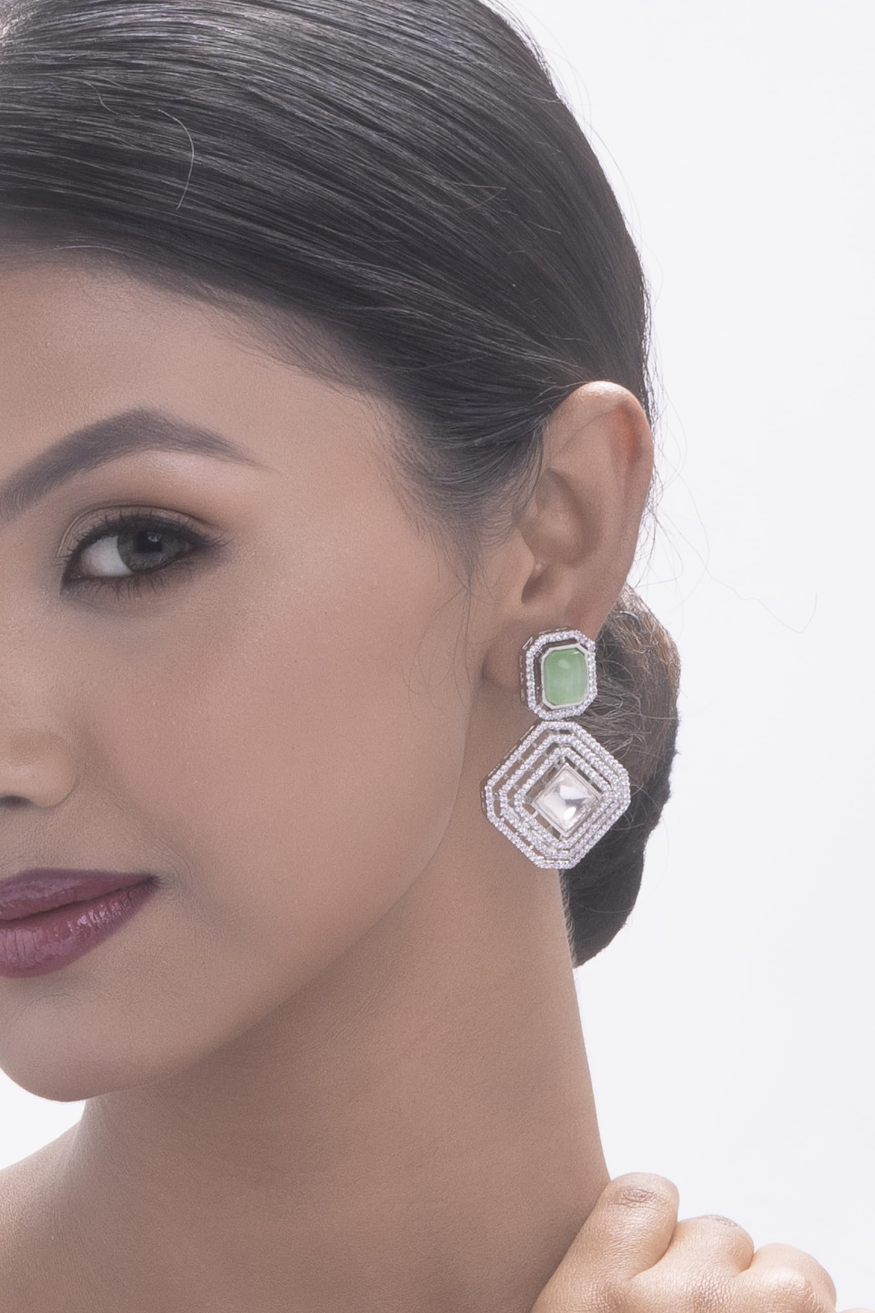 Silver Plated Green Stone Geometric Drop Earrings for Women | Statement Fashion Jewellery Earrings for Girls | Elegant Dangle Earrings Gift for Women