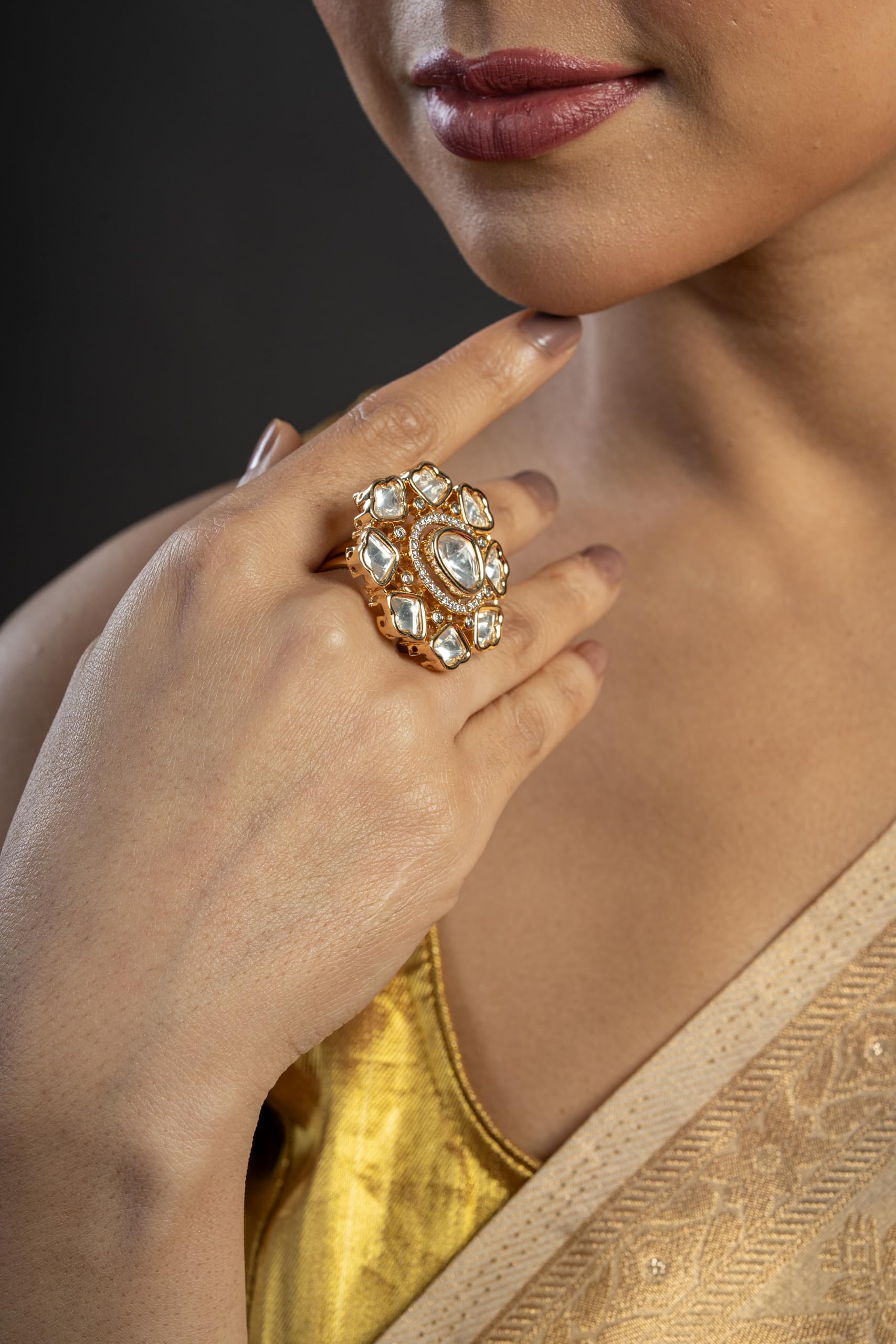 KAYRAH Brass Material Topaz Stone Stud Ring for Women and Girls for Every Occassion (White Polki )