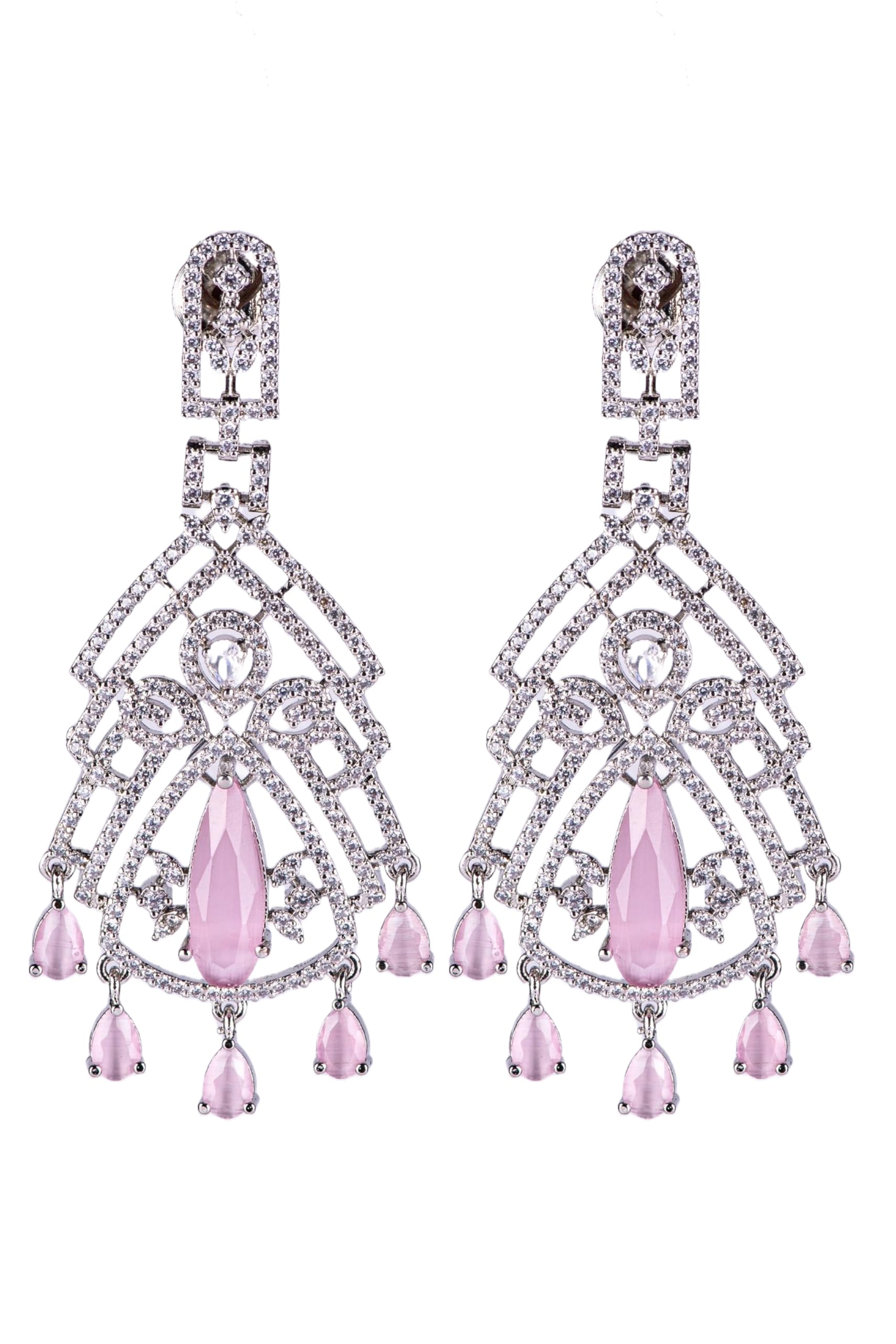 Silver Plated Pink Stone Geometric Drop Earrings for Women | Statement Fashion Jewellery Earrings for Girls | Stylish Dangle Earrings Gift for Women