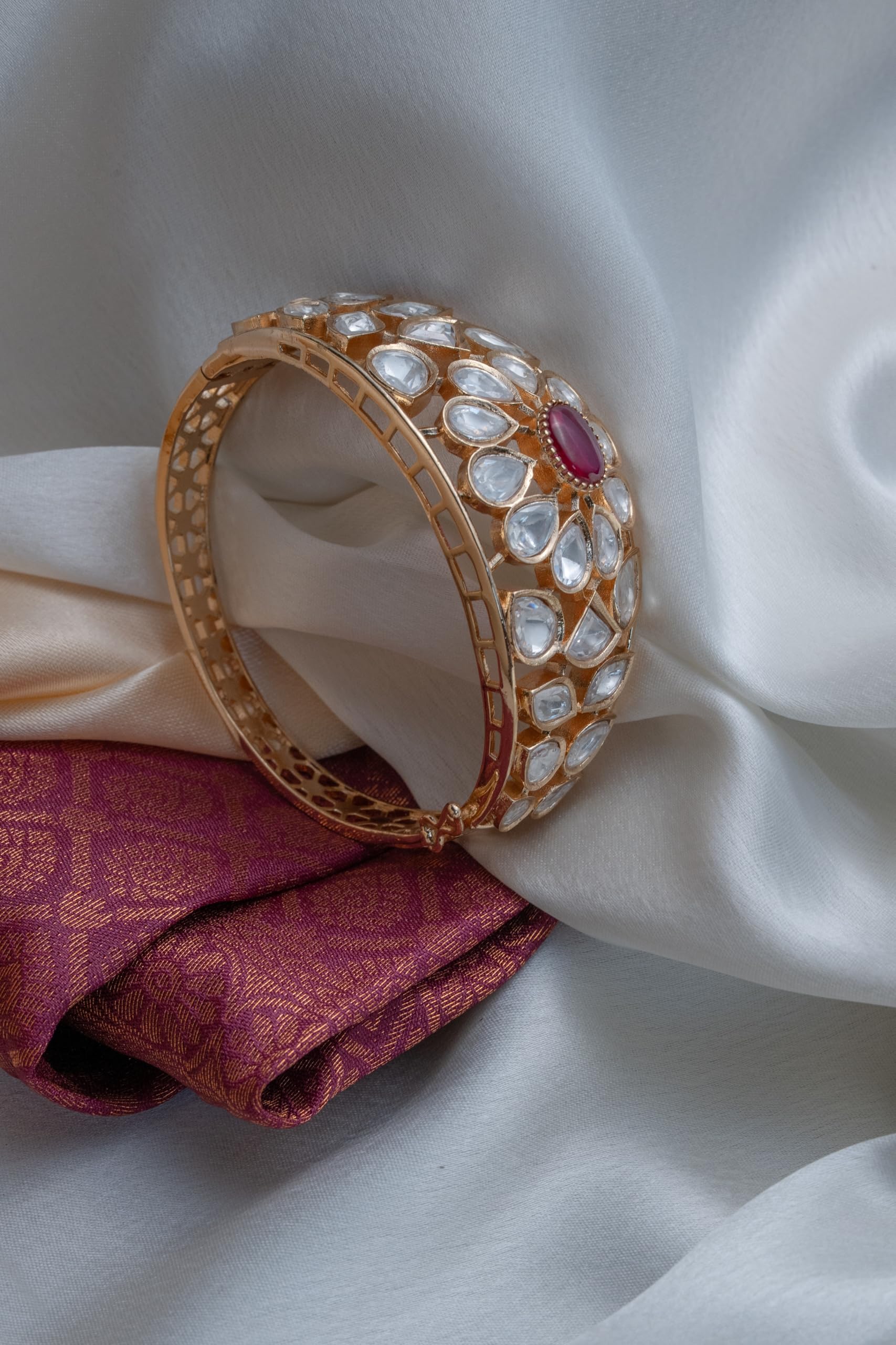 KAYRAH Gold Plated Ruby Crystal Studded Wide Bracelet for Women
