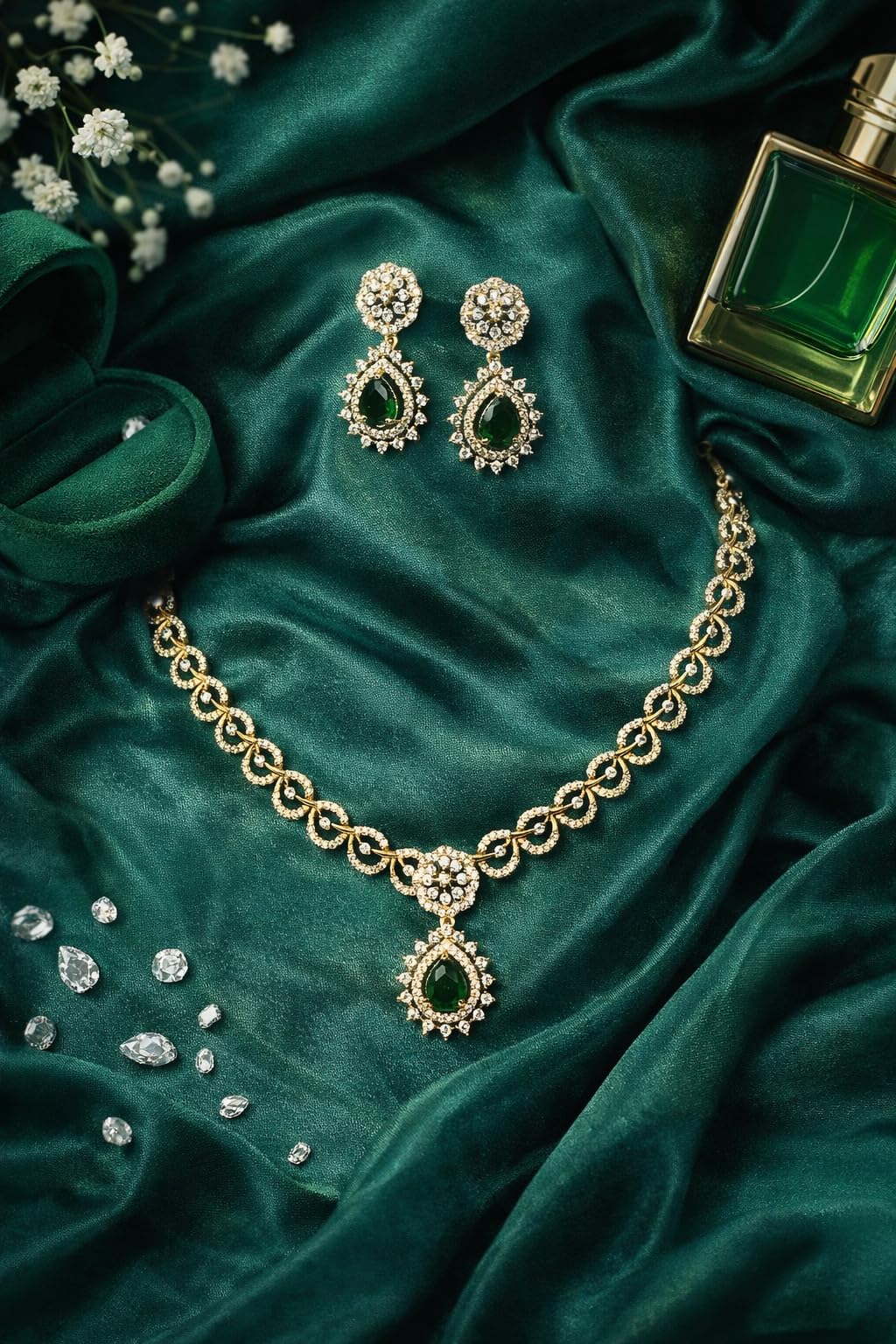 KAYRAH Gold Plated Aqua Green Stone Necklace Set with Long Earrings, Cubic Zirconia, Fashion, Wedding & Festive with Matching Earrings with Matching Earrings