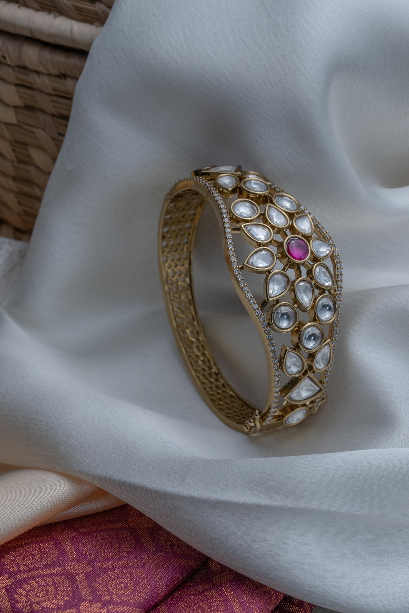 KAYRAH Gold Plated Pink Stone Kundan Style Statement Bracelet for Women