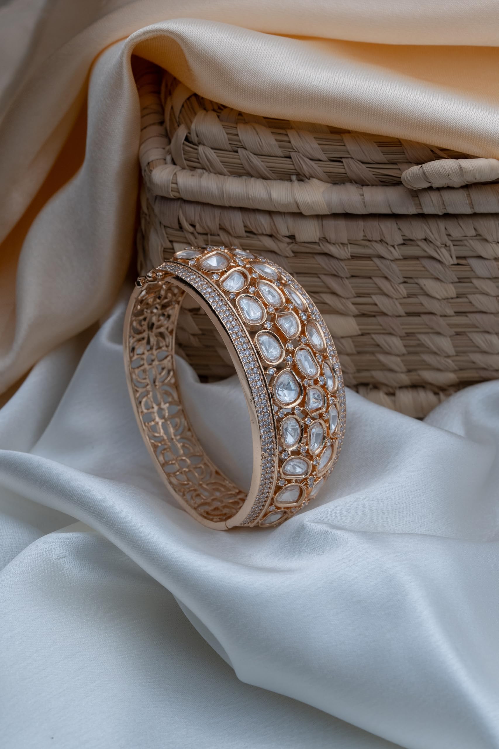 KAYRAH Gold Plated Oval Stone Studded Cuff Bracelet for Women Elegant Fashion Jewellery