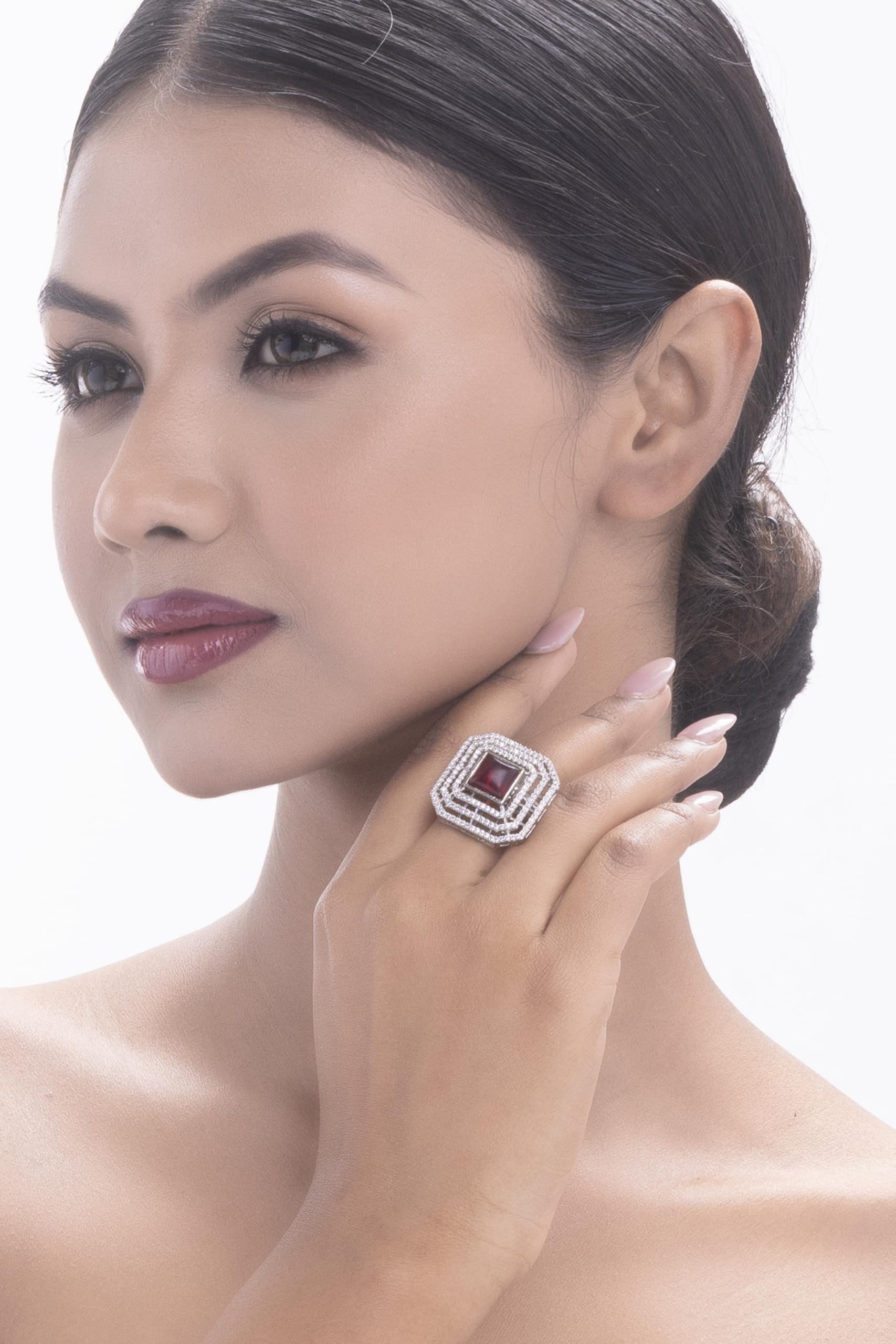 KAYRAH Brass Material CZ Stone Stud Ring for Women and Girls for Every Occassion (Red Pota)