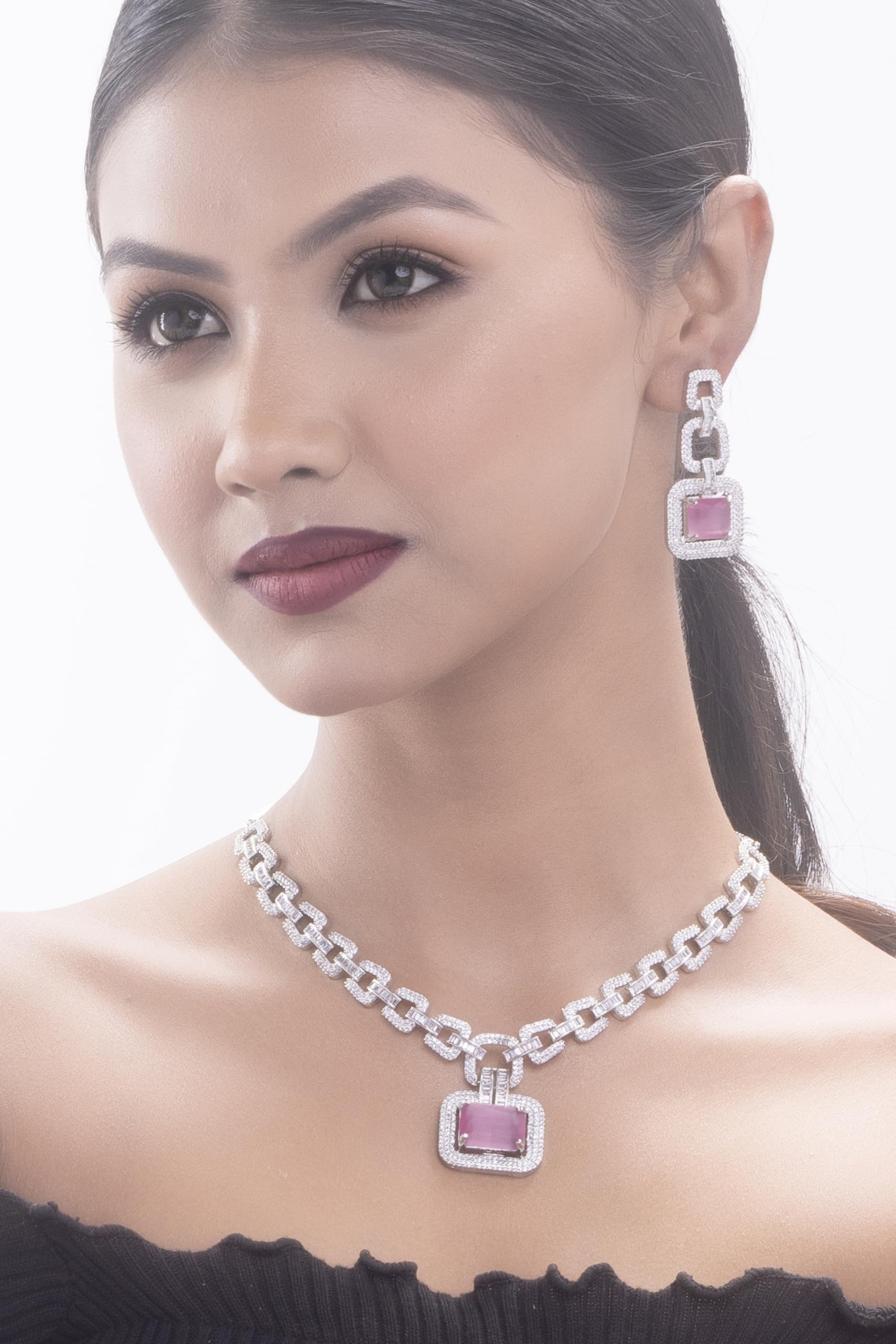 Kayrah Pink Crystal Geometric Pendant Necklace Set for Women | Designer CZ Statement Jewellery Set with Matching Earrings