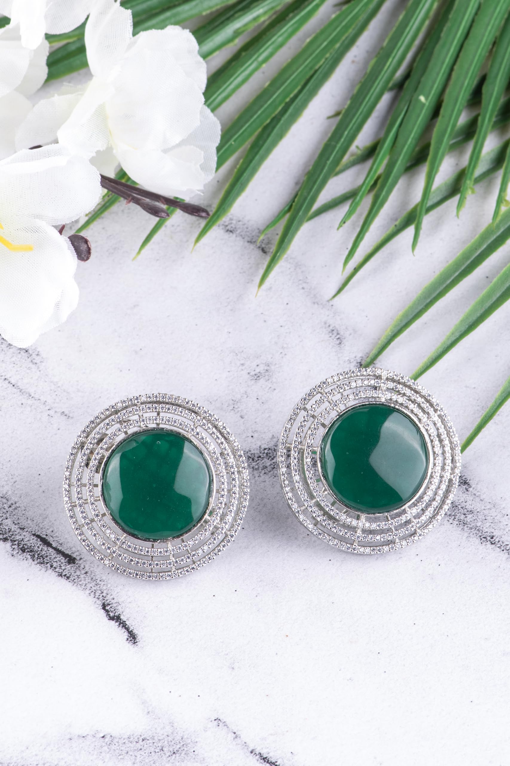 Silver Plated Green Stone Stud Earrings for Women | Statement Fashion Jewellery Earrings for Girls | Elegant Party Earrings Gift for Women