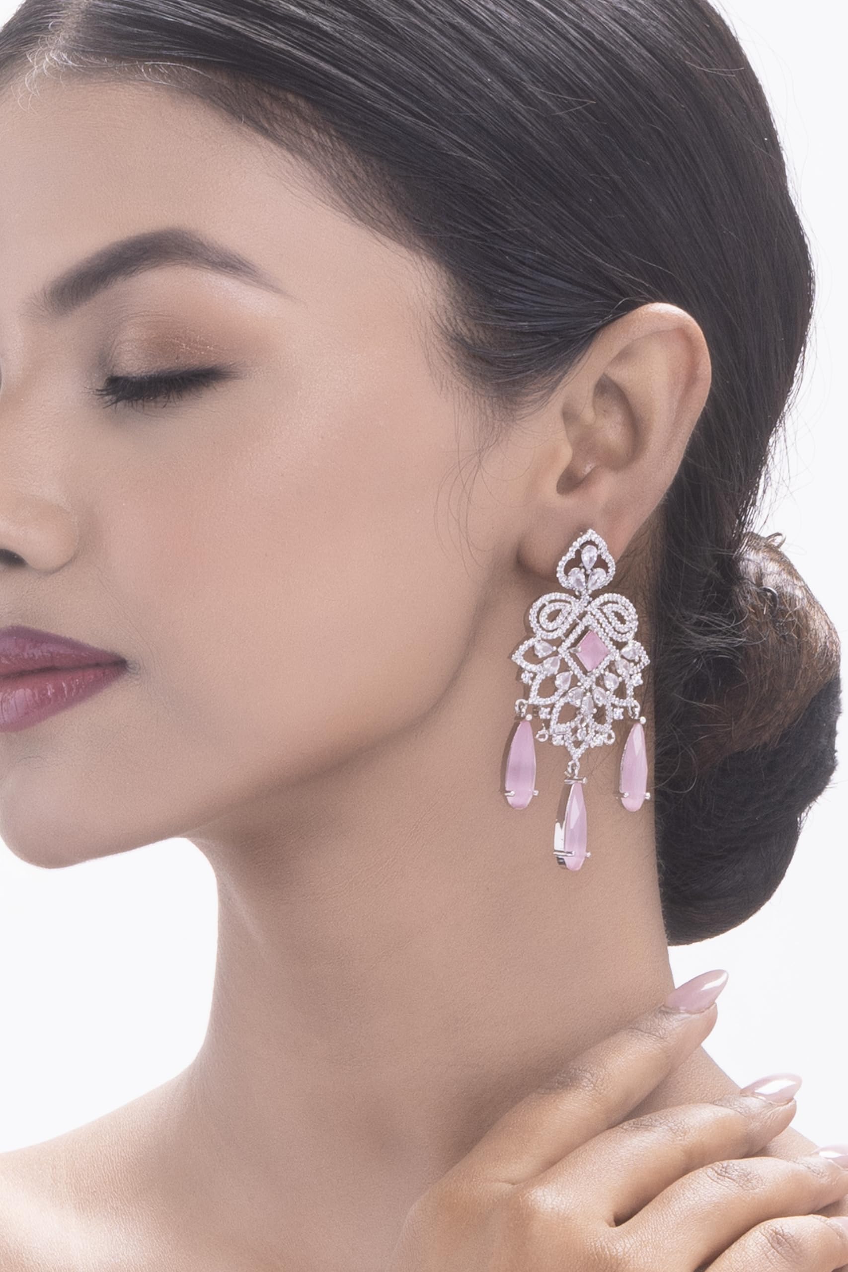 Silver Plated Pink Stone Statement Earrings for Women | Floral Dangle Fashion Jewellery Earrings for Girls | Elegant Drop Earrings Gift for Women