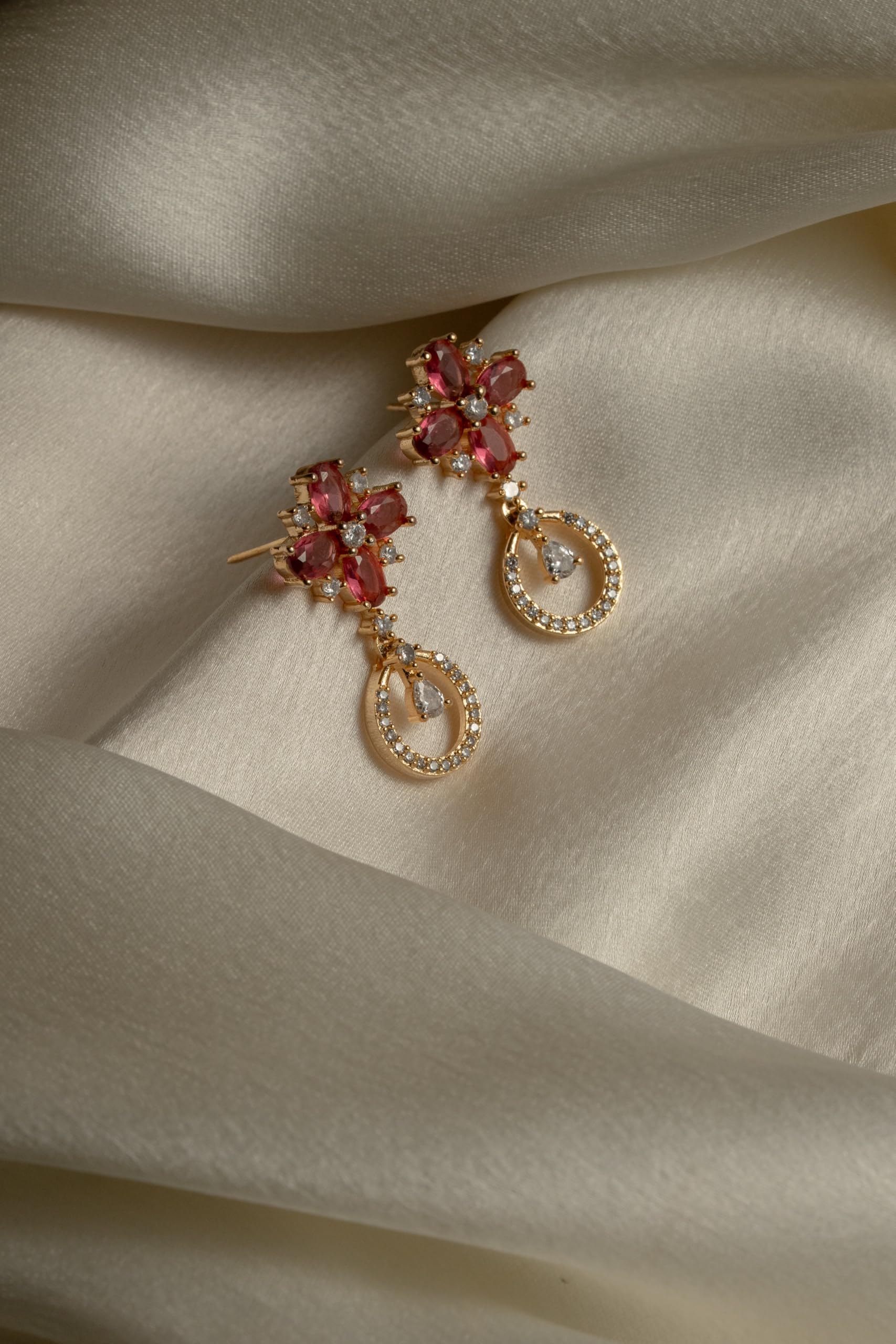Gold Plated Pink Stone Drop Earrings for Women Stylish | Crystal Fashion Jewellery Earrings for Girls | Elegant Earrings Gift for Women
