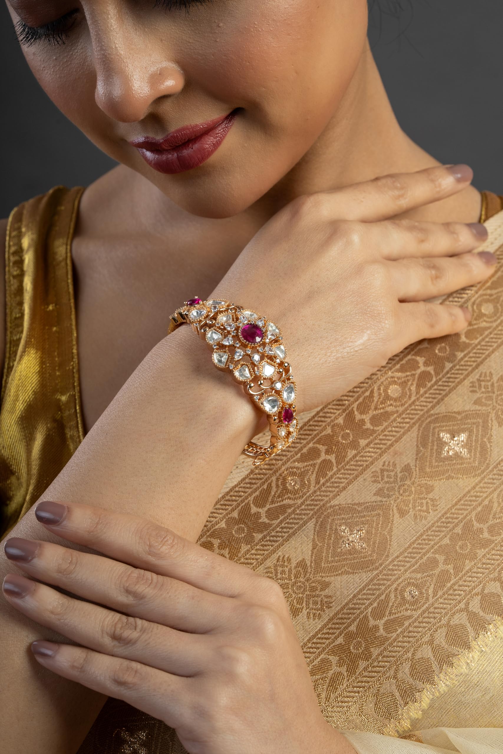KAYRAH Gold Plated Multicolor Stone Studded Cuff Bracelet for Women Elegant Fashion Jewellery
